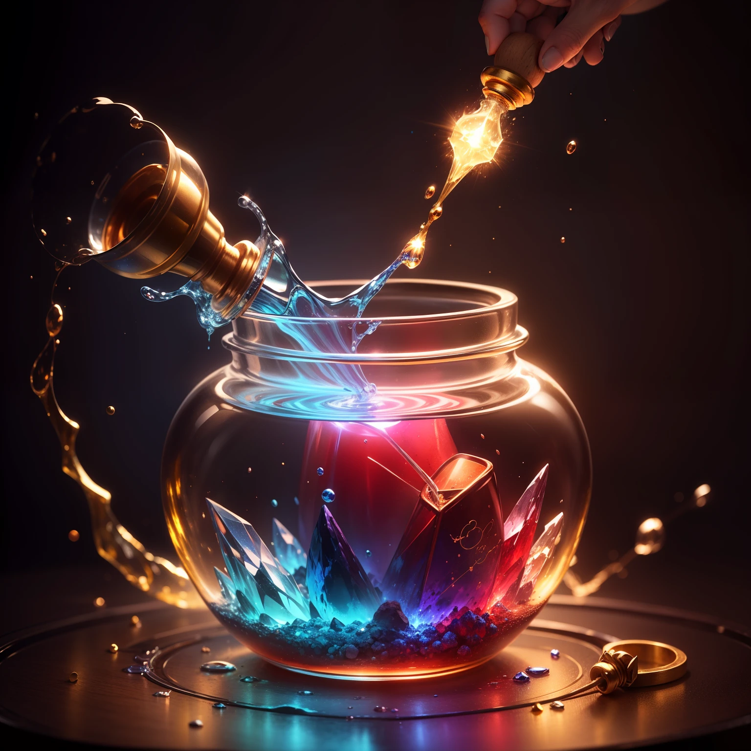 2 cintilantes, Golden potion in a crystal jar filled with blue and red liquid, with a cork stopper and a whirlpool of magical energy.