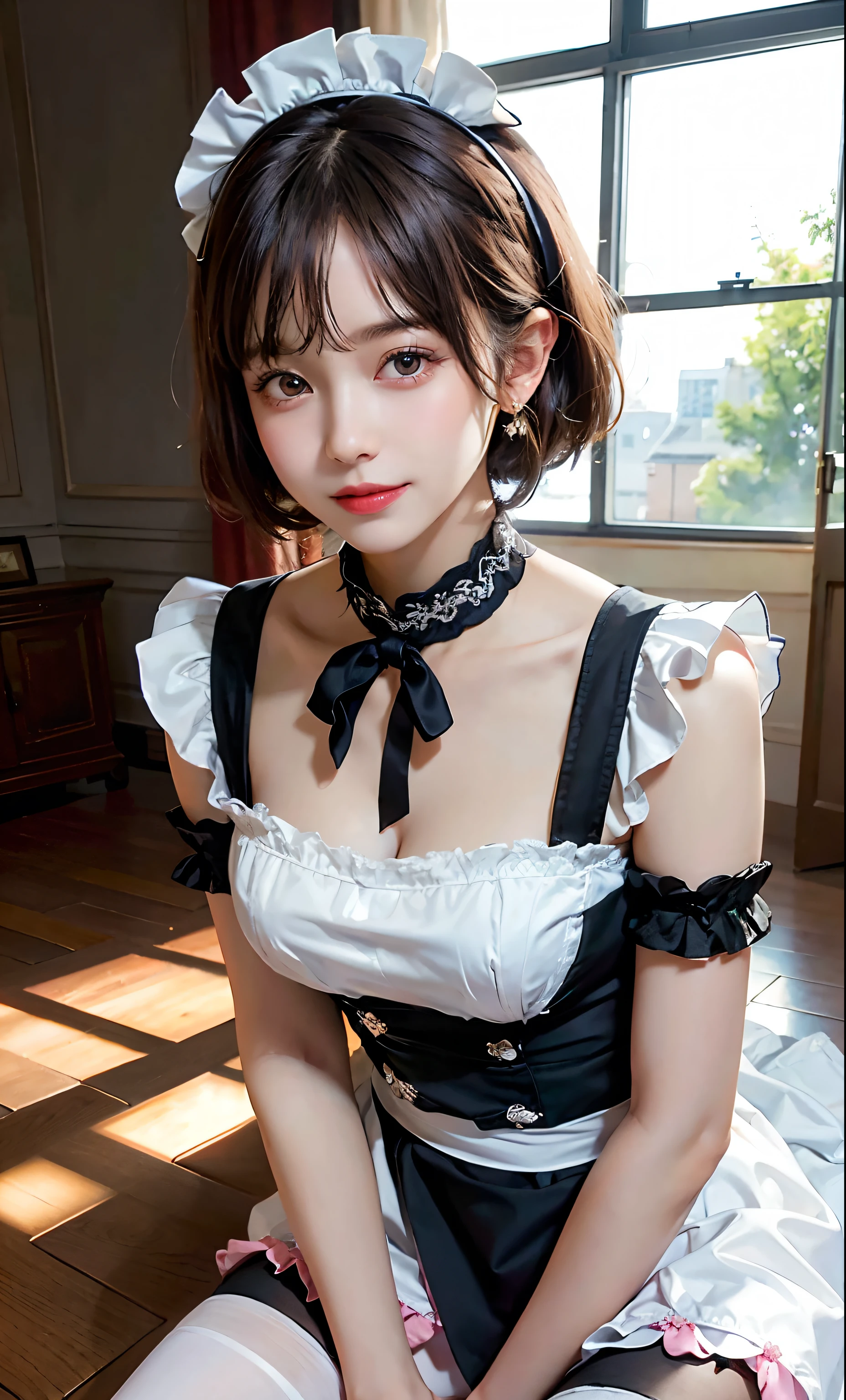 majicMIX Realistic, (Raw photo: 1.2), (Photorealistic: 1.4), beautiful detailed eyes, short hair, smile, huge file size, super detail, high resolution, very detailed, top quality, masterpiece, illustration, highly detailed, CG, unified, 8k wallpaper, detail, masterpiece, top quality, light on face, movie lighting, 16 year old girl, clothes lift, dress, dress lift, Garter straps,black and pink maid clothes, maid headdress, neck ribbon, CEO, (maid clothes:1.2), maid cloth, mini swirl skirt, maid bandana, black stockings, wristband, sexy pose, all fours