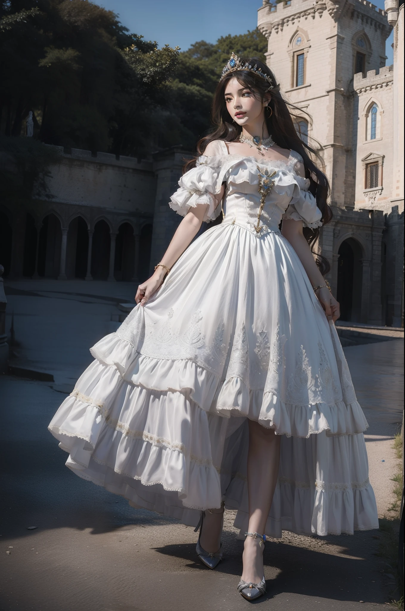 ((top-quality、masterpiece、photographrealistic:1.4、8K))、full body、europian、Beautiful detailed girls and knights、extremely detailed eye and face、beatiful detailed eyes、(Dresses in the style of medieval Italy、Princess)、Luxury accessories、Elegant smile、natta、(Princess strolling through medieval Italian-style castle town、Italian-style castle in the background)、Cinematic lighting、Textured skin、Super Detail、high detailing、High quality、hight resolution、(looking at the viewers)、