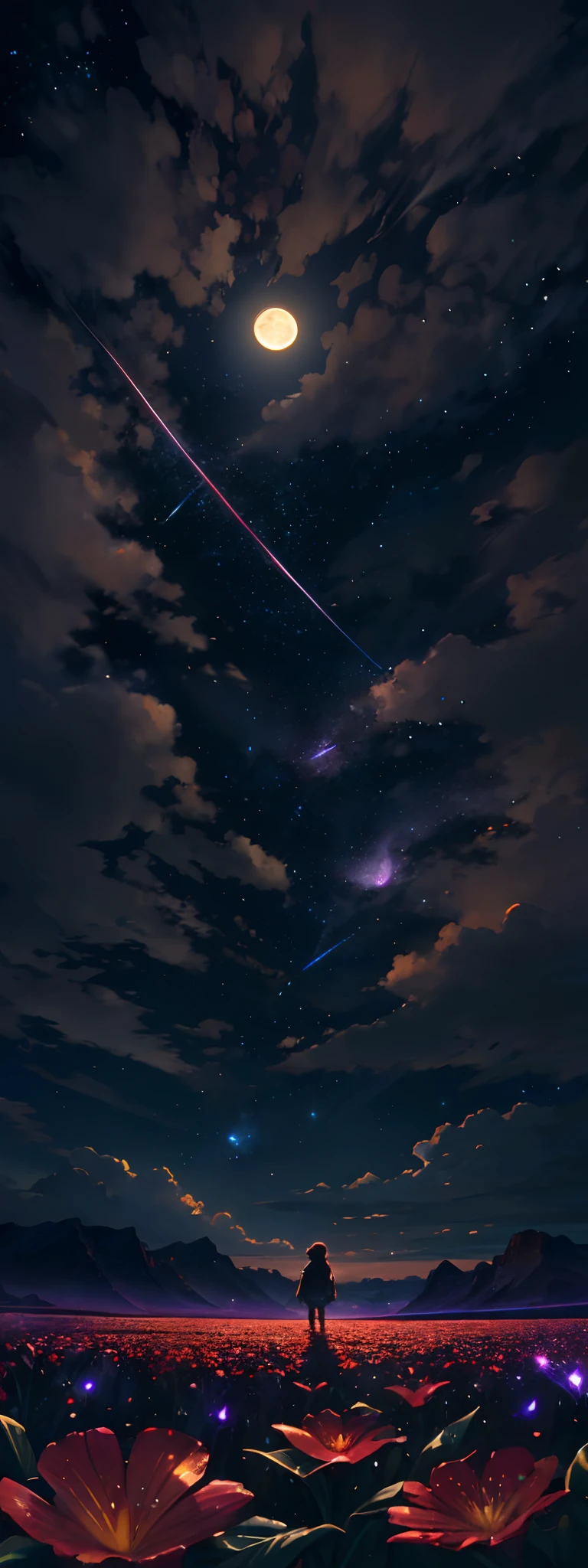 expansive landscape photograph , (a view from below that shows sky above and open field below), a girl standing on flower field looking up, (full moon:1.2), ( shooting stars:0.9), (nebula:1.3), distant mountain, tree BREAK
production art, (warm light source:1.2), (Firefly:1.2), lamp, lot of purple and orange, intricate details, volumetric lighting BREAK
(masterpiece:1.2), (best quality), 4k, ultra-detailed, (dynamic composition:1.4), highly detailed, colorful details,( iridescent colors:1.2), (glowing lighting, atmospheric lighting), dreamy, magical, (solo:1.2)