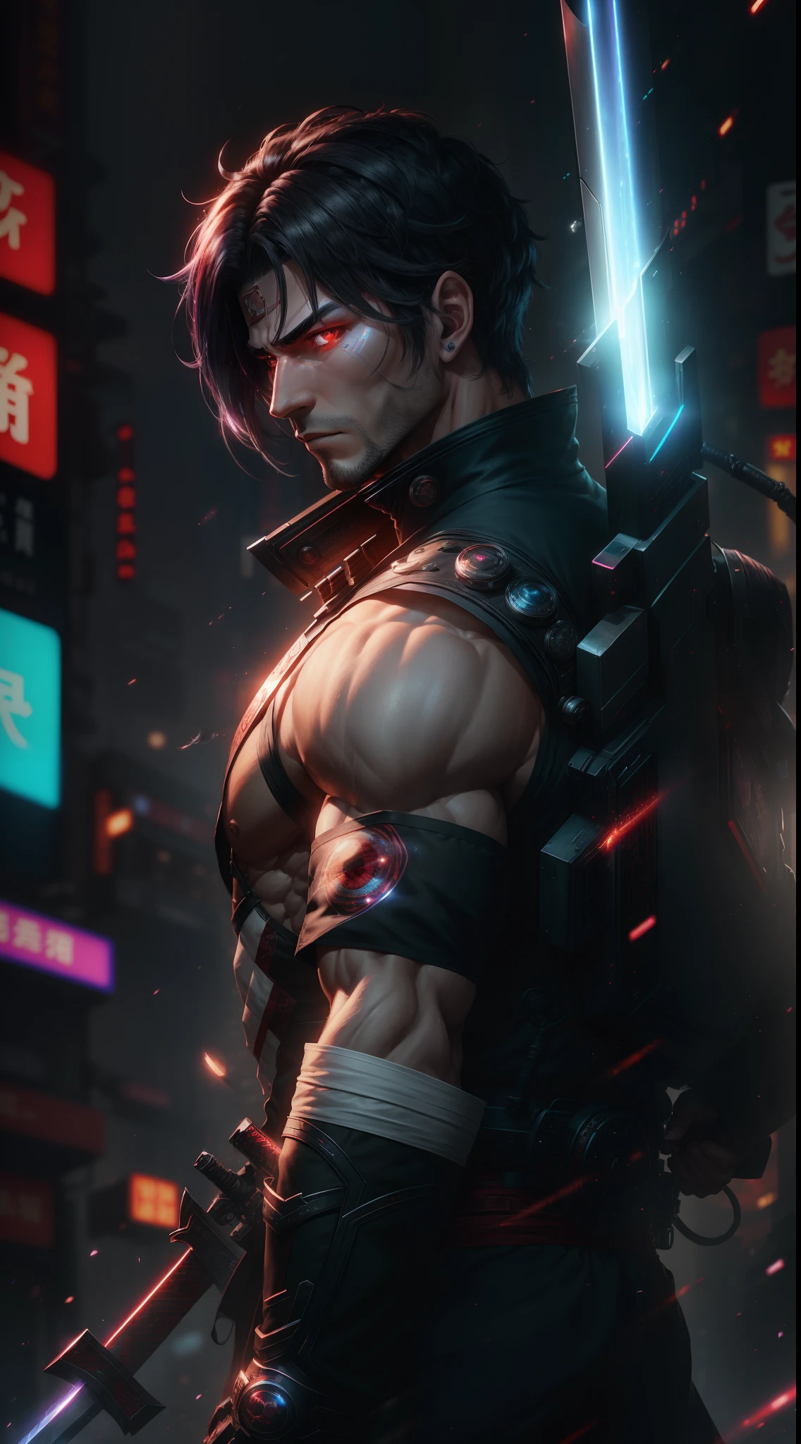 (Handsome men)、(6 feet tall man)、Short hair、grey eyes、an eye patch、toned body、muscular male、traditional Chinese clothing、 Wearing an eye patch、GenshinImpact、(Liyue)、(White hair)、(Top image quality)、(8K picture quality)、(cyberpunked)、(masutepiece)、 (Flickering of light)、(Carrying a sword)、cinematric light, Cinema Shadow, Sharp Image, Extremely detailed, Volumetric, Bright sprites、particles effect, beautiful effects, Vivid colors, neons, Neon light, Highly detailed image textures, detailed hairs, Detailed eyes, city、Dark hair、Eyes glow、Sparkling red aura、Photo from the knee up --auto