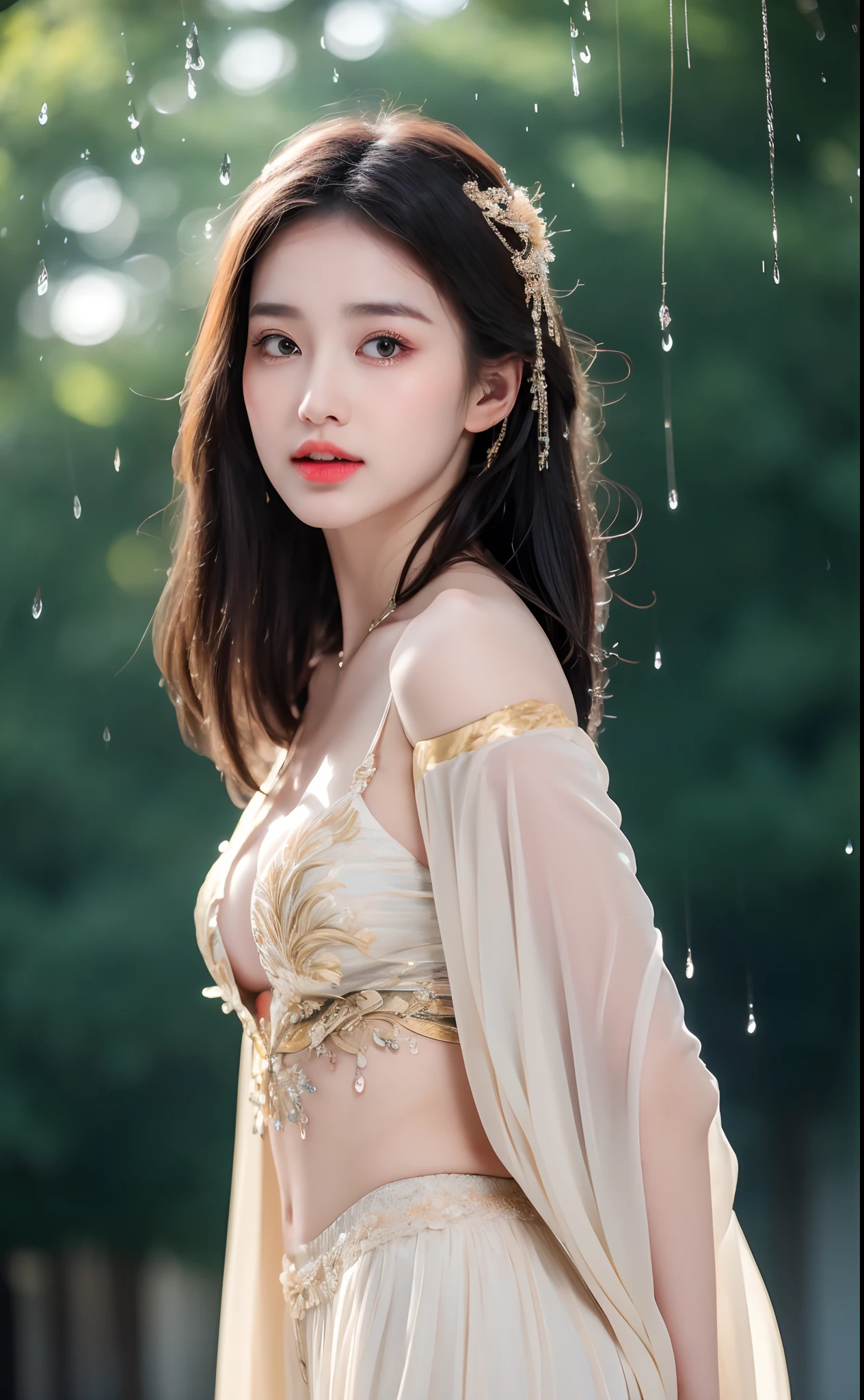 ((Best Quality, 8k, Masterpiece: 1.3)), Focus: 1.2, Perfect Body Beauty: 1.4, Buttocks: 1.2, ((Layered Haircut)), (Wet Clothes: 1.1), (Rain, Street:1.3), (Breasts: 1.2), (Hanfu: 1.2), Bare Shoulders, Bare Legs, Highly Detailed Face and Skin Texture, Fine Eyes, Double Eyelids, Whitened Skin, Long Hair, (Shut Up: 1.5), (Bokeh Background: 1.5), Big Breasts