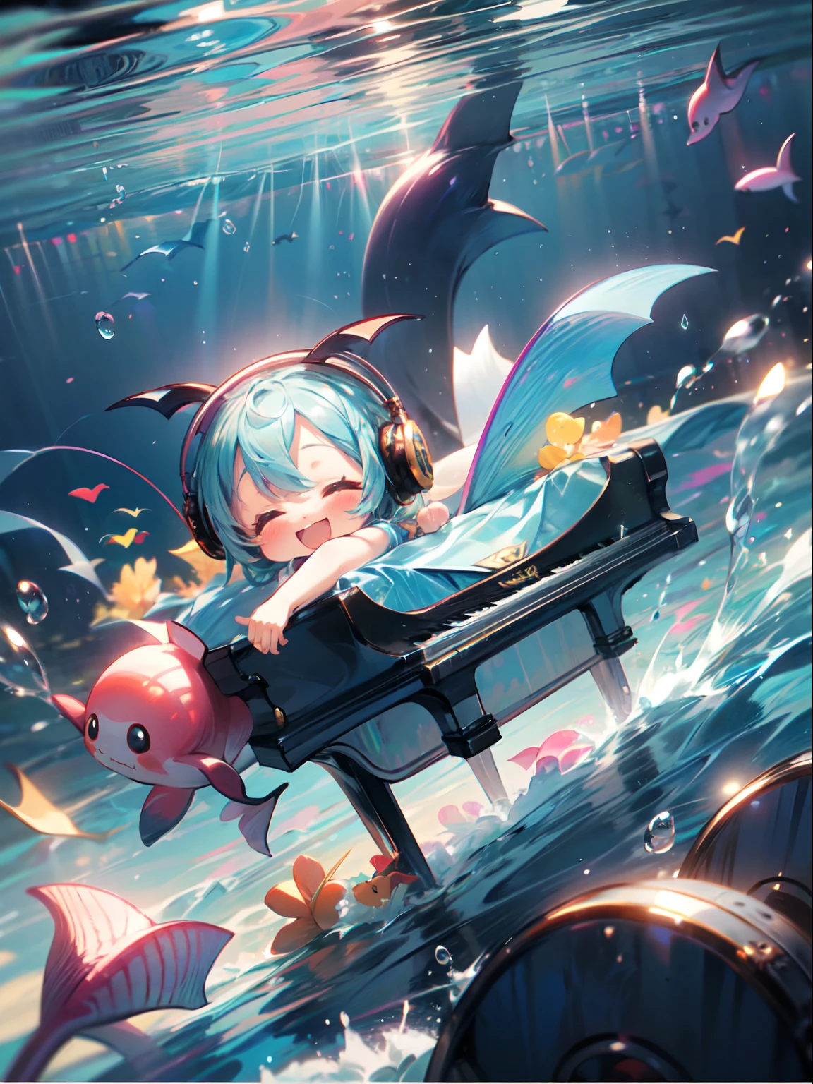 photoRealstic、Drawing of a ((cute chibi dolfin in a ocean)) , playing music,(( colorful musical 🎵 🎶 notes floating around)), wearing ((headphones in a ear)) , happy,cute, smiling, playful , happy, absolutely adorable, summer vibes,watersplash,