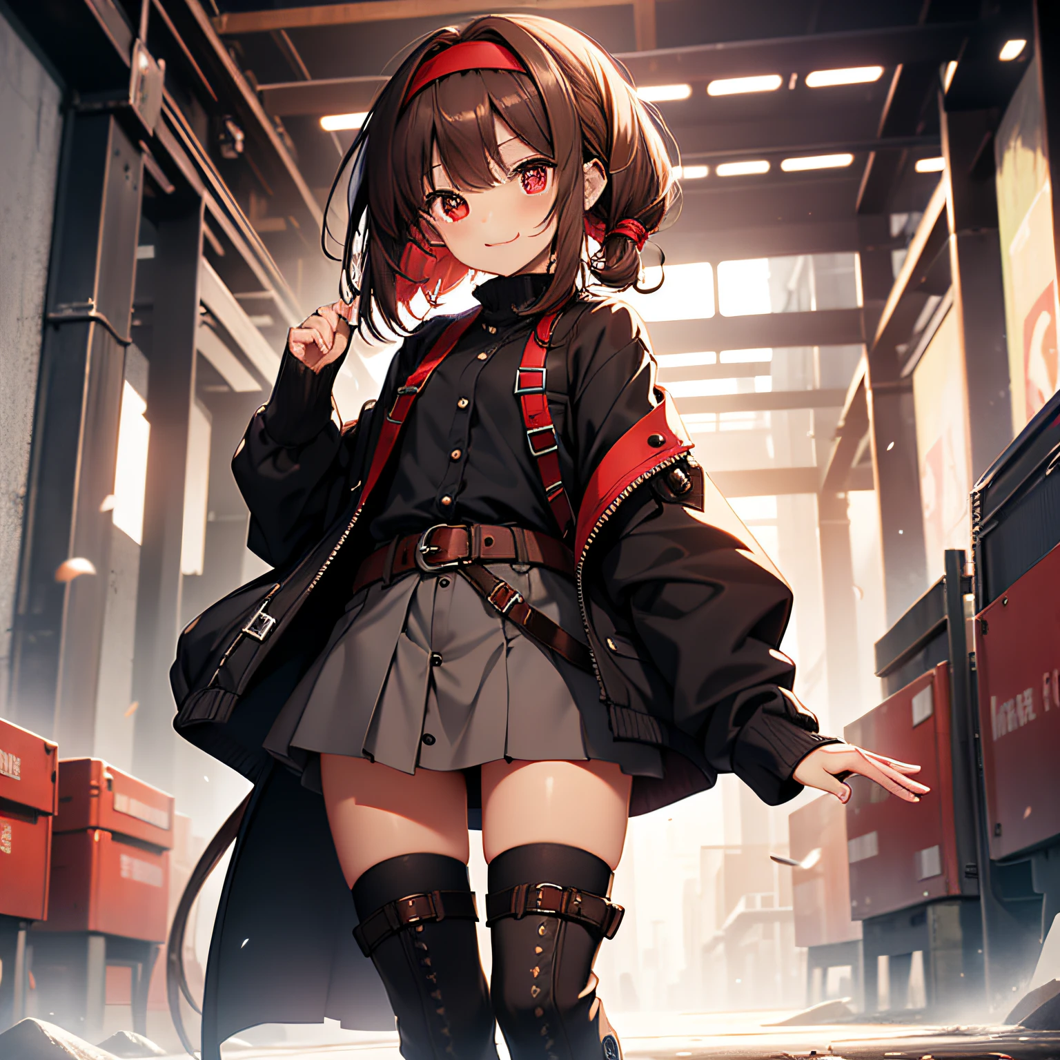 top-quality、extremely delicate and beautiful、(((Only 1 person)))、11 year old、Brown skin、(Dark hair)、Gray clothes with vertical buttons、Belt at waist、grey miniskirt、((poneyTail))、(red hairband)、(Brown boots)、Red-eyed、A smile、