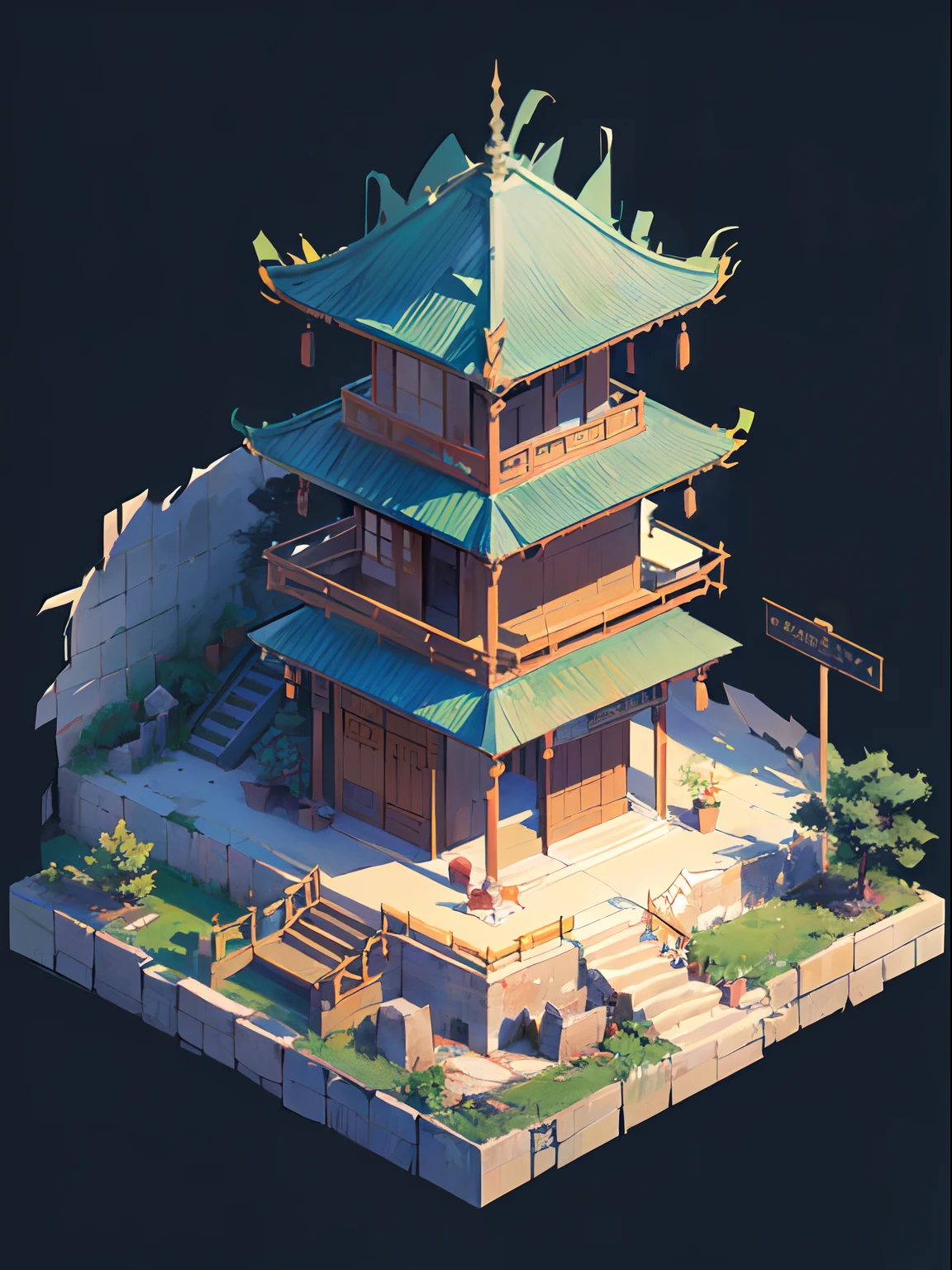 (isometry:1.5), (Masterpiece, Top quality, Best quality, offcial art, Beautiful and aesthetic:1.2),(16k, Best quality, Masterpiece:1.2),architecture, [:(Black background:1.5):40],Simple background,east asian architecture, (Simple background:1.5), scenery, No Man, stairways, Building, wall, Doorway building, stairways, Chinese architecture,(Another world:1.5),(Torn:1.5)