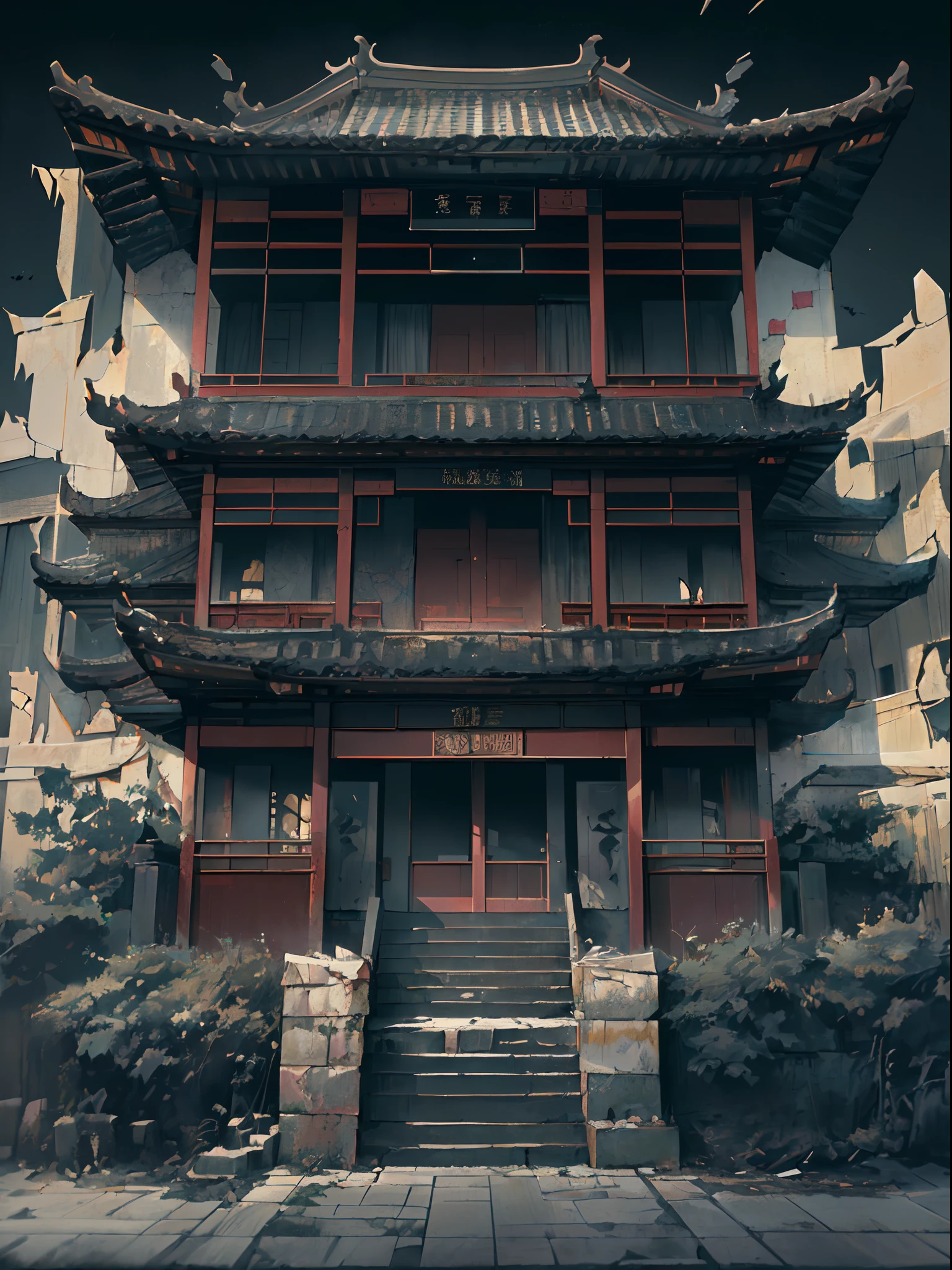 (isometry:1.5), (Masterpiece, Top quality, Best quality, offcial art, Beautiful and aesthetic:1.2),(16k, Best quality, Masterpiece:1.2),architecture, [:(Black background:1.5):40],Simple background,east asian architecture, (Simple background:1.5), scenery, No Man, stairways, Building, wall, Doorway building, stairways, Chinese architecture,(Night:1.5),(Torn:1.5)