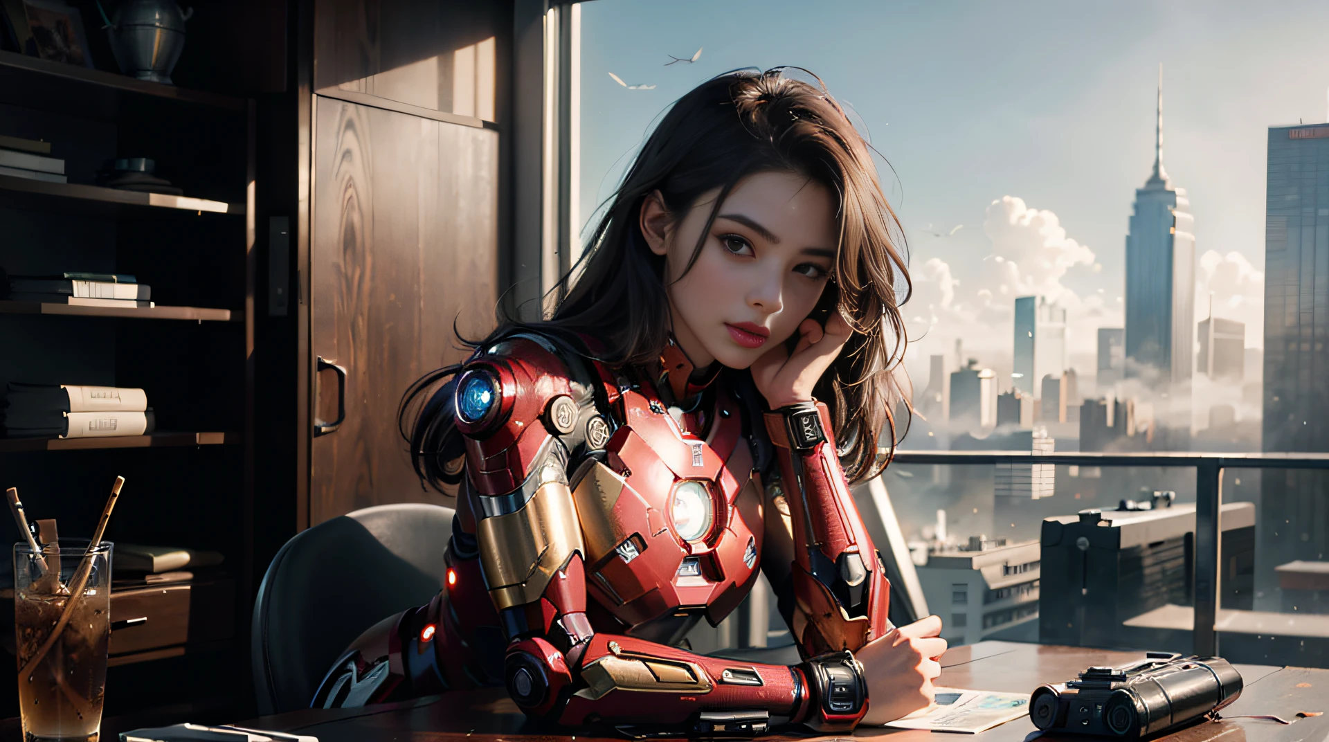 (1girl:1.3), solo,__body-parts__, official art, unity 8k wallpaper, ultra detailed, beautiful and aesthetic, beautiful, masterpiece, best quality, RAW, masterpiece, super fine photo,, best quality, super high Resolution, photorealistic, sunlight, full body portrait, stunningly beautiful,, dynamic pose, delicate face, vibrant eyes, (side view), she is wearing a futuristic Iron Man mech, red and gold, Highly detailed abandoned warehouse background, detailed face, detailed complex busy background, messy, gorgeous, milky, high detailed skin, realistic skin details, visible pores, sharp focus, volumetric fog, 8k uhd, dslr camera, High quality, film grain, fair skin, photorealism, lomography, sprawling metropolis in a futuristic dystopia, view from below, translucent