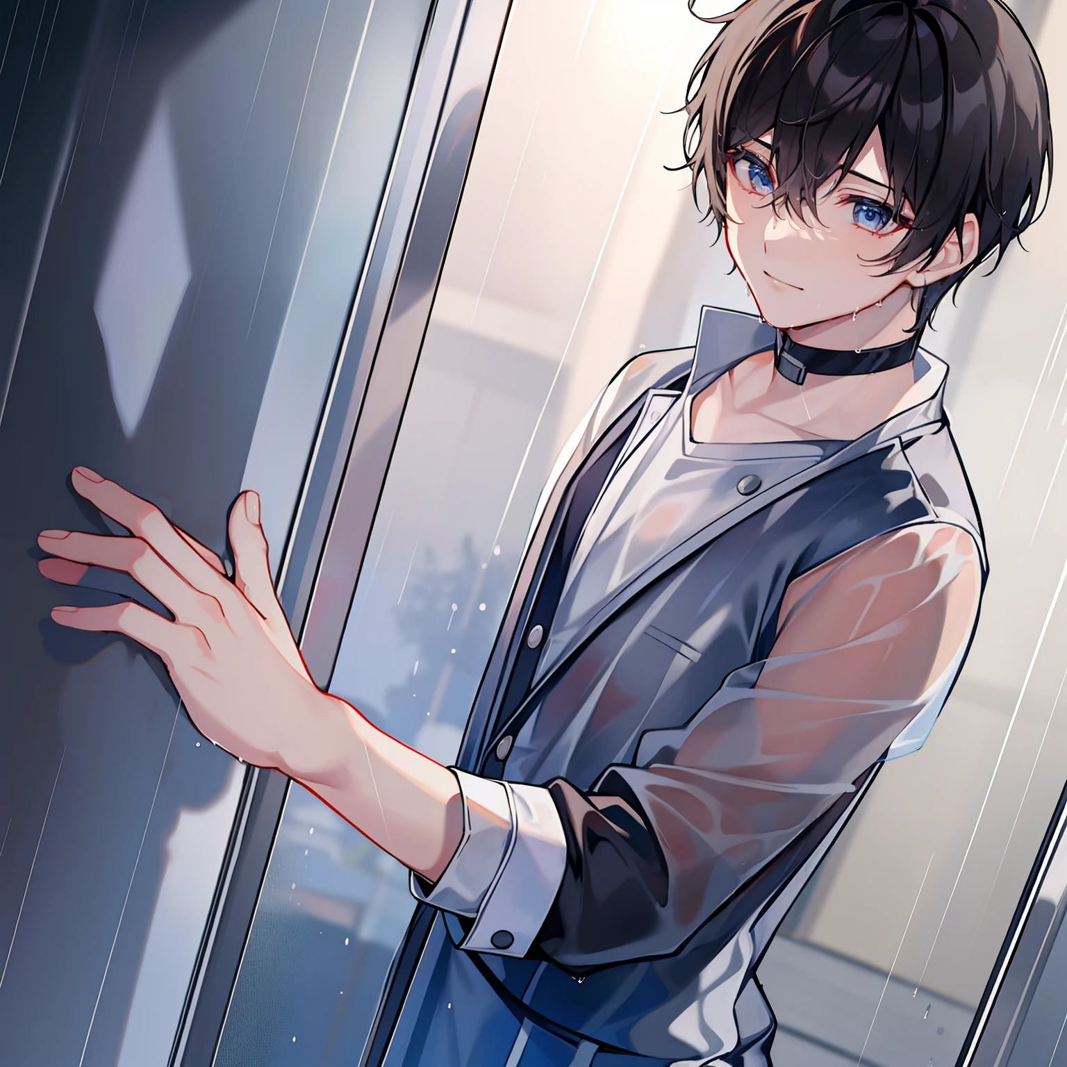 Getting wet in the rain、1boy、Clothes get wet and see-through