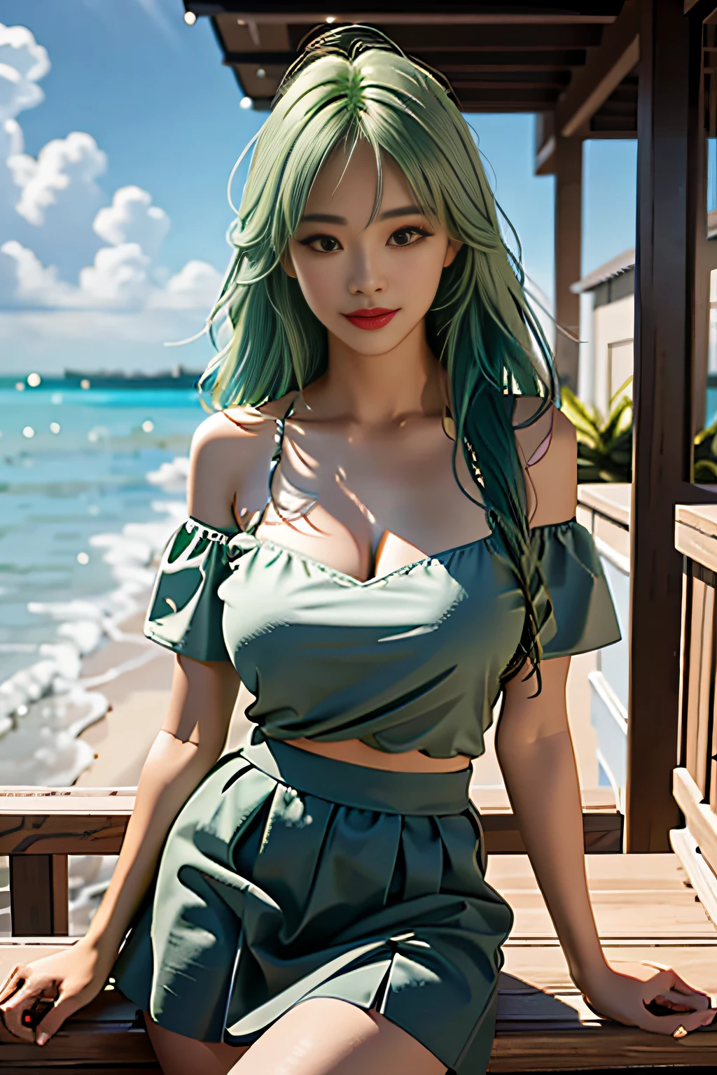 (high angle,cleavage),((panty shot)),((lifting skirt)),((white panties focus)),((masterpiece, highest resolution,best quality)),  (beautiful illustration), ((semi long beautiful silver green hair,blunt bangs,pony tail,beautiful blue eyes)),(solo),(Japanese high ,sailor,mini skirt,elegant swimsuit, bikini,),(looking at the viewer), (bathing in the sea),(innocent cute laugh), (cinematic lighting),beach, sand, night sky, full moon,
waves, coconut tree,fish,boat,sea gull,