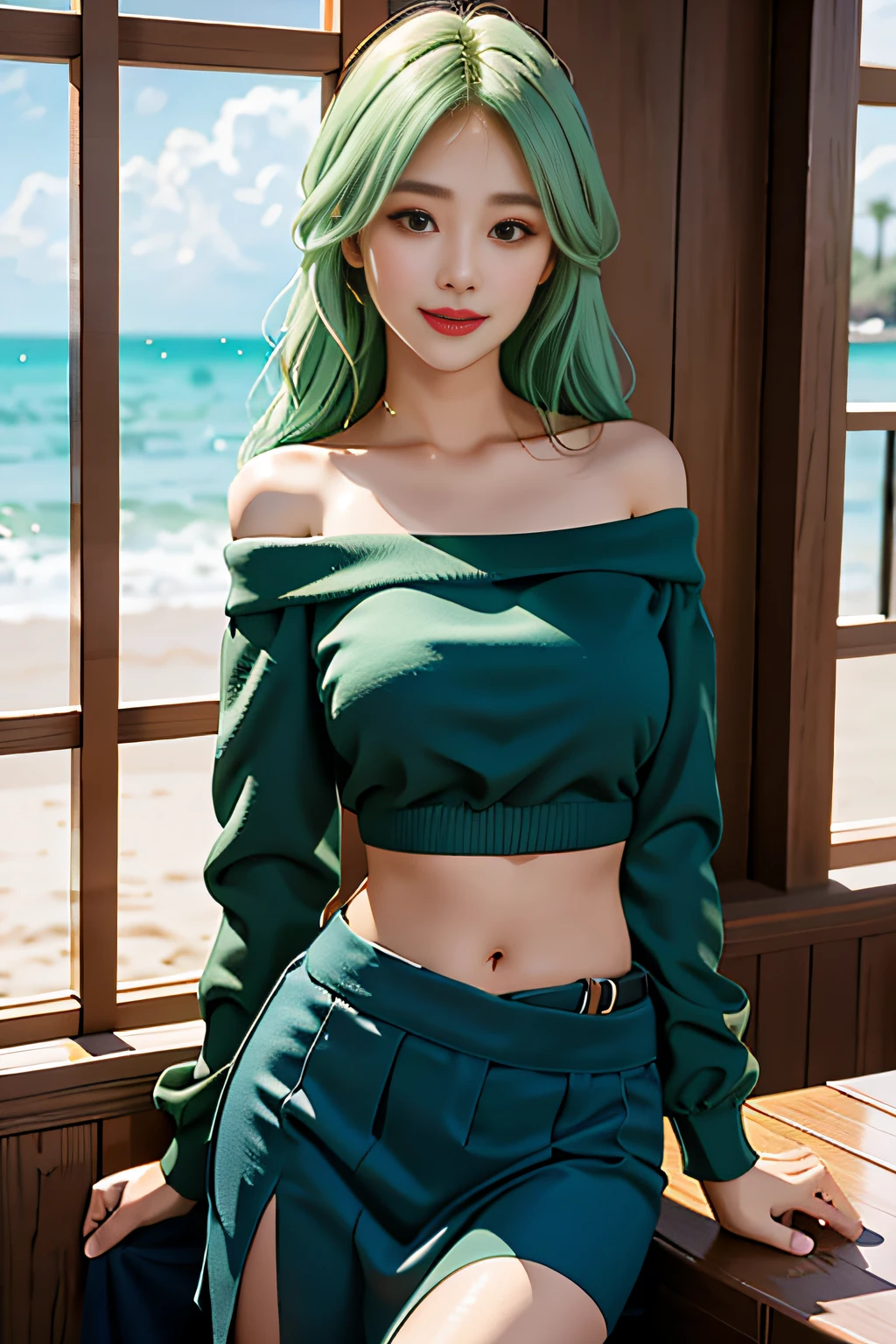 "one-girl,ssmile,Close-up,Raised sexy,is shy,masterpiece level work,Best picture quality,Facing the camera,cleavage,ssmile,Green skirt,Raised sexy,look straight at the camera,long whitr hair,perfect bodies,beachside,Green hair,Off-the-shoulder attire,(Large breasts),Big breasts Thin waist,The kinky is exposed,NSFW