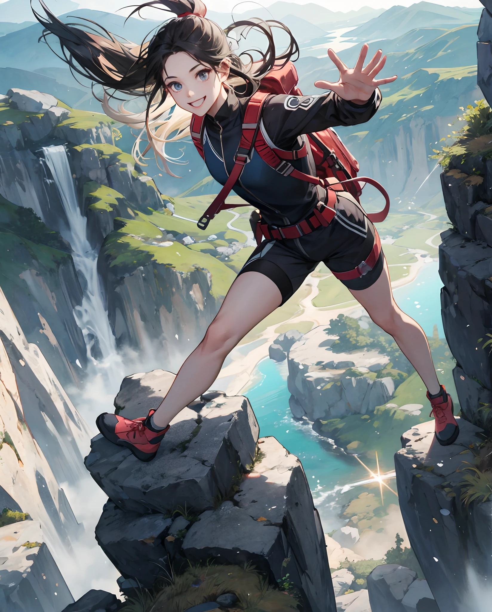 hoang lap、k hd、Hyper-realistic、Hyper-detailing、(full bodyesbian:1.5)、(Climbing girl:1.3)、(closeup of face:1.2)、(waving and smiling:0.6)、(Outdoor sun exposure:1.1 )、(safety belt:1.0)、(Climbing chalk:0.8)、(Rock texture:0.9)、(grip strength:1.0)、(Focus on your eyes:1.1)、(Hiking vest、Hiking shorts:0.7)、(Challenge emojis:0.9),(Perseverance and determination:1.2),(Height viewing angle:0.8),(Suspension rope:0.7),(Fearless attitude:1.0),(Vertigo height:1.3),(Distant horizon:0.9),(Aerial view of the landscape:1.0),(Hanging carabiners:0.6),(Hair fluttering in the wind:0.7),Perfect lighting,beautiful light up,(dynamic angle:1.2),Looking_at_peeping at the viewer,