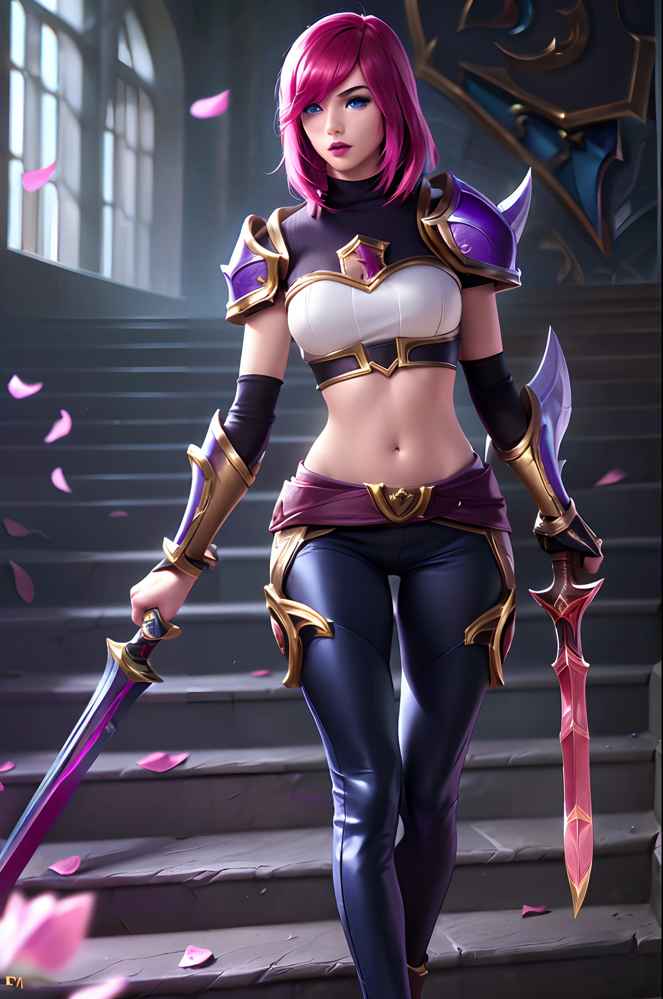 (League of Legends:1.5),  fiora, 1girl, solo, breasts, looking at viewer, short hair, bangs, blue eyes, gloves, holding, medium breasts, weapon, pink hair, red hair, multicolored hair, parted lips, pants, sword, indoors, cape, holding weapon, armor, hair over one eye, lips, petals, black pants, shoulder armor, gauntlets, pauldrons, stairs, rose petals