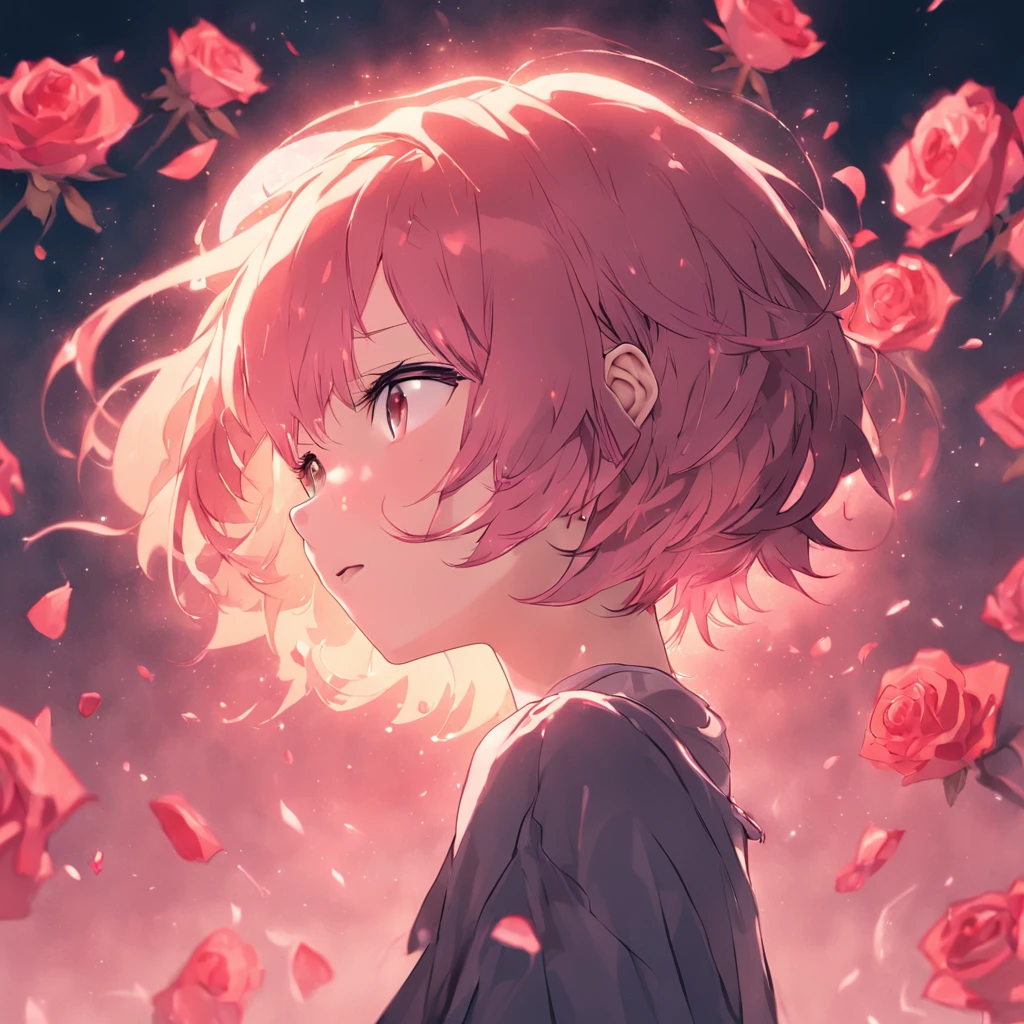 (Rose short hair girl)High-quality images depicted in detail,Face the lens,Focus on facial features,Floating rose petals,rays of sunshine,beam of light,Black color hair,looking to the camera