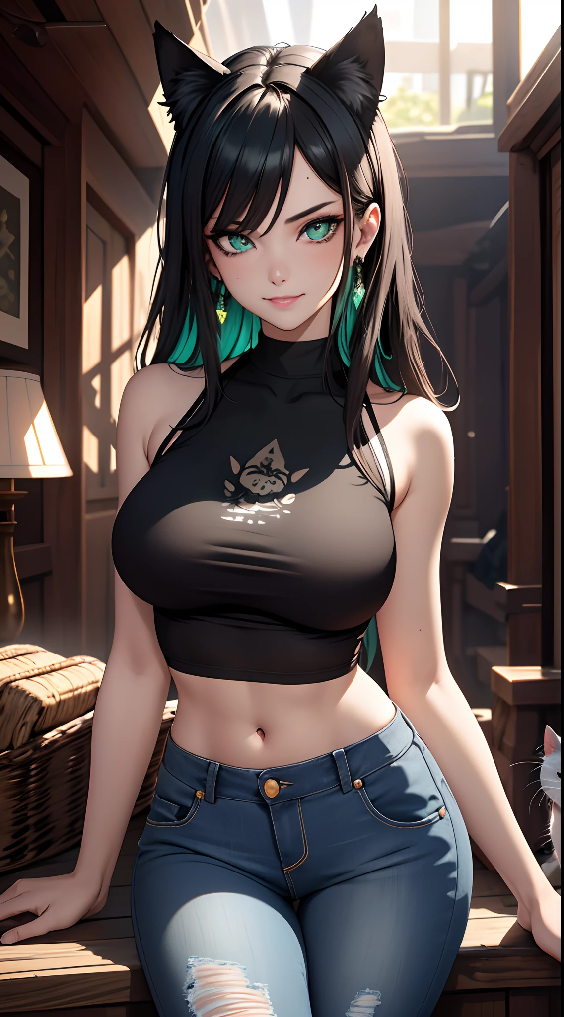 (masterpiece, best quality, ultra-detailed, highres),perfect face, sidelighting, lustrous skin,(bloom), (shine), ray tracing, sci-fi, 1girl, solo, wearing a sleeveless tshirt, denim jeans, (cat ears, animal ears), (holographic green eyes),earrings, long_hair,(mature),depth_of_field,very detailed background,extreme light and shadow,(detailed eyes), (beautiful) beautiful detailed eyes, (seductive smirk), island scene background, perfect lighting.