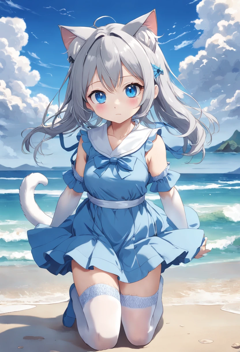 8K exquisite perfection Japanese manga style 2D silver hair cat ears azure blue eyes little loli wearing sky blue dress wearing white stockings Look ahead(Beach and sky in the background)