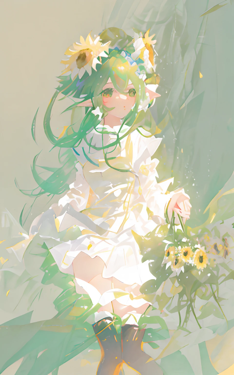 There is a genteel girl with sunflowers in her hair, girl in a dress, Soft anime illustration, Elf girl in white dress, touhou character, Fresh character, full body adoptable, Girly style, Full body portrait of short skirt!, Anime Stylization, Warm anime heroine，Green hair，Half-knee short white stockings，Pseudo-thick coating。