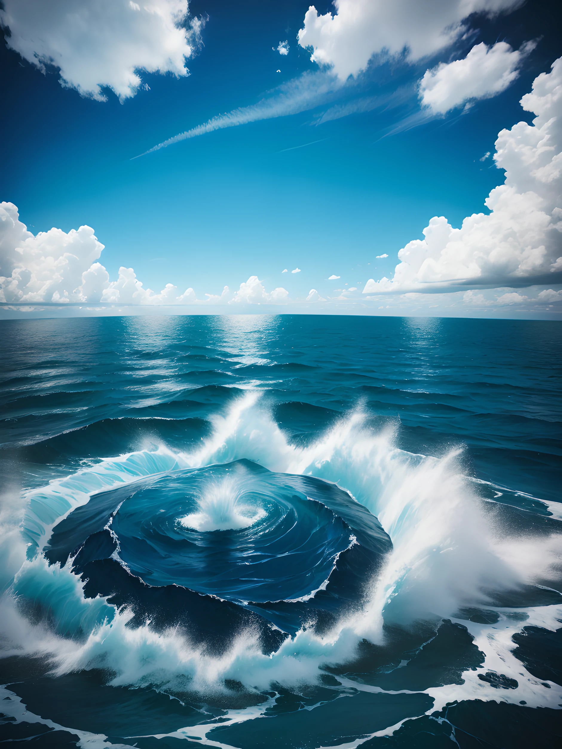 There was a big wave rushing into the sea with a blue sky, detailed swirling water tornado, middle of the ocean, water powers water swirling, photo of the middle of the ocean, swirling water cosmos, Water Swirls, Ripple-like waves, cloud vortex, Pristine waves rippling, blue crashing waves, wild ocean background