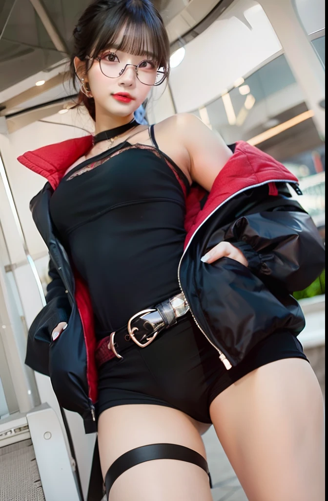 ((8K,masterpiece,best quality,Ultra Detail,Realistically)),Extremely detailed face,light,light,ray tray,Unlit Hair, On the cloudy street,Corner store,bus stop,rainstorm、heavy rain,Girl with long black hair and dark eyes.。(She was wearing a red hooded jacket with raw edges,White top,Short black skirt and black garter belt,Clothes soaked by rain,Black exposure,outdoor depth tent ),Lens lighting