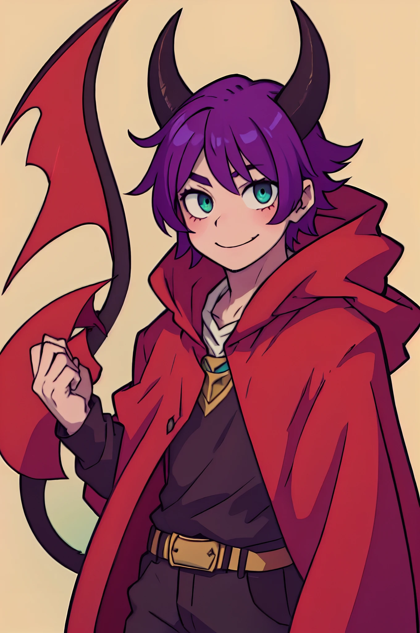 Boy with purple hair、Green eyes、Devil's horns and tail、((Deformed))、A smile、red cloak、Composition that reflects the whole body、No background