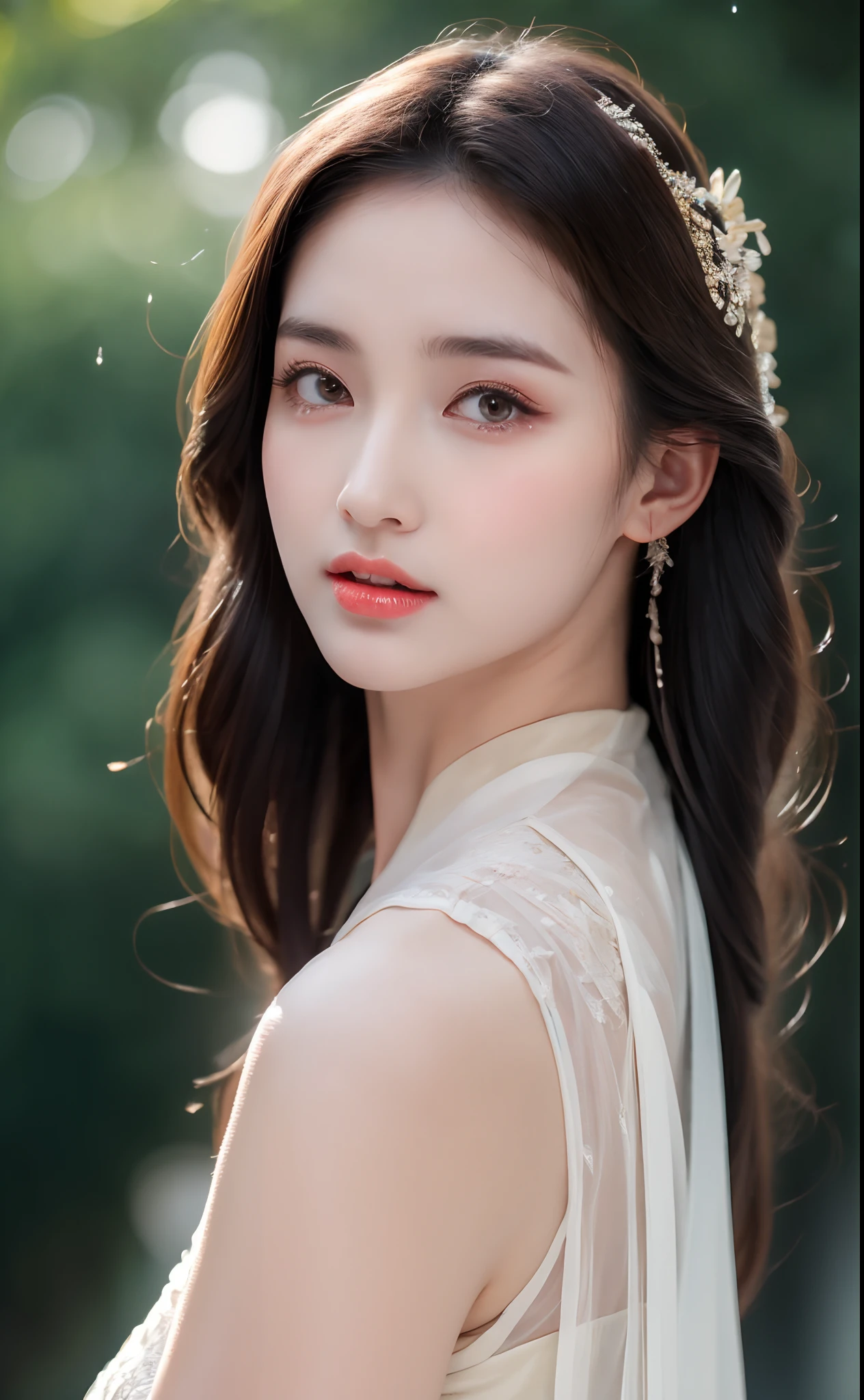 ((Best Quality, 8k, Masterpiece: 1.3)), Focus: 1.2, Perfect Body Beauty: 1.4, Buttocks: 1.2, ((Layered Haircut)), (Wet Clothes: 1.1), (Rain, Street:1.3), (Breasts: 1.2), (Hanfu: 1.2), Bare Shoulders, Bare Legs, Highly Detailed Face and Skin Texture, Fine Eyes, Double Eyelids, Whitened Skin, Long Hair, (Shut Up: 1.5), (Bokeh Background: 1.5), Big Breasts