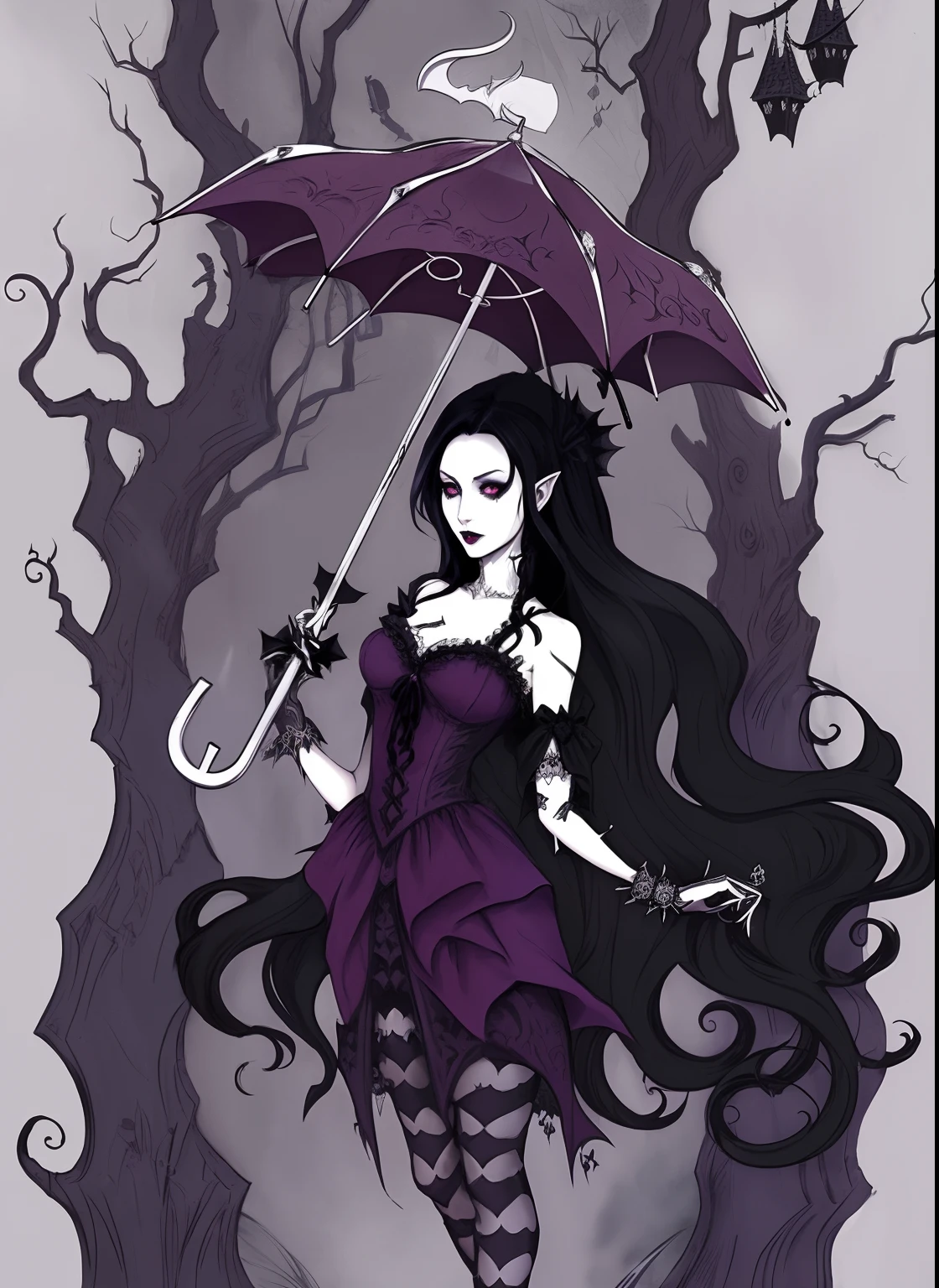 a close up of a woman in a dress holding an umbrella, in style of dark fantasy art, nosferatu princess, gothic art style, dark fae, corpse bride art style, fashionable dark witch, dark fantasy style art, an elegant gothic princess, gothic maiden anime girl, gothic fantasy art, gothic girl, gothic maiden of the dark, gothic maiden