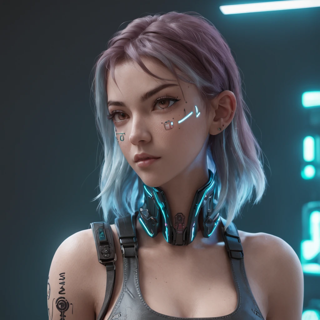Mulher Jovem Morena Clara cabelo ondulado ::style futurista cyberpunk ,Estilo realista ::n_style pintura digital, deformed parts, rosto deformado ::semente 1234