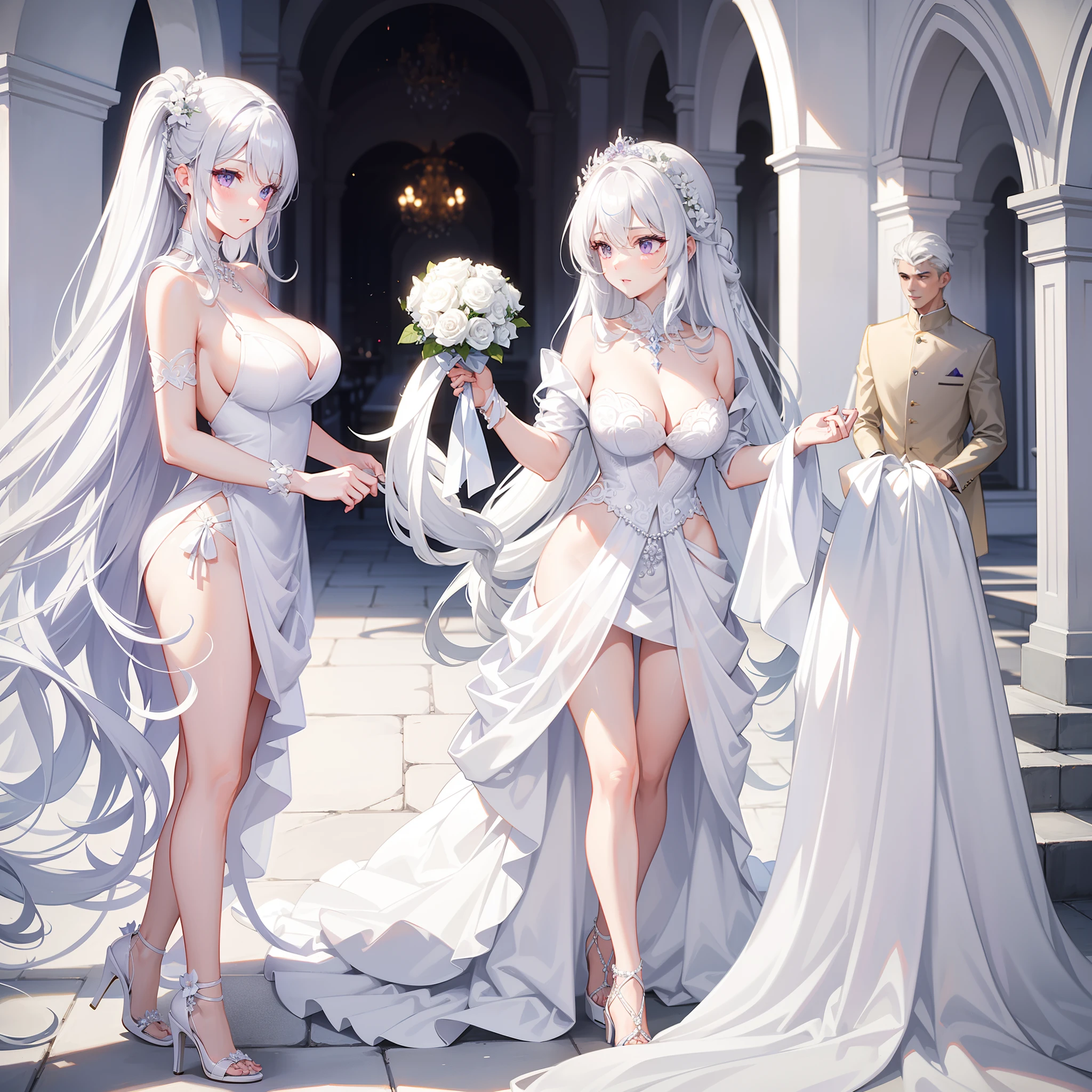silver-white long hair,Purple eye,Hair coiled,Pure white flower marriage,wedding gown,putting makeup on,white Heels,Walk the red carpet,Weddings by the sea