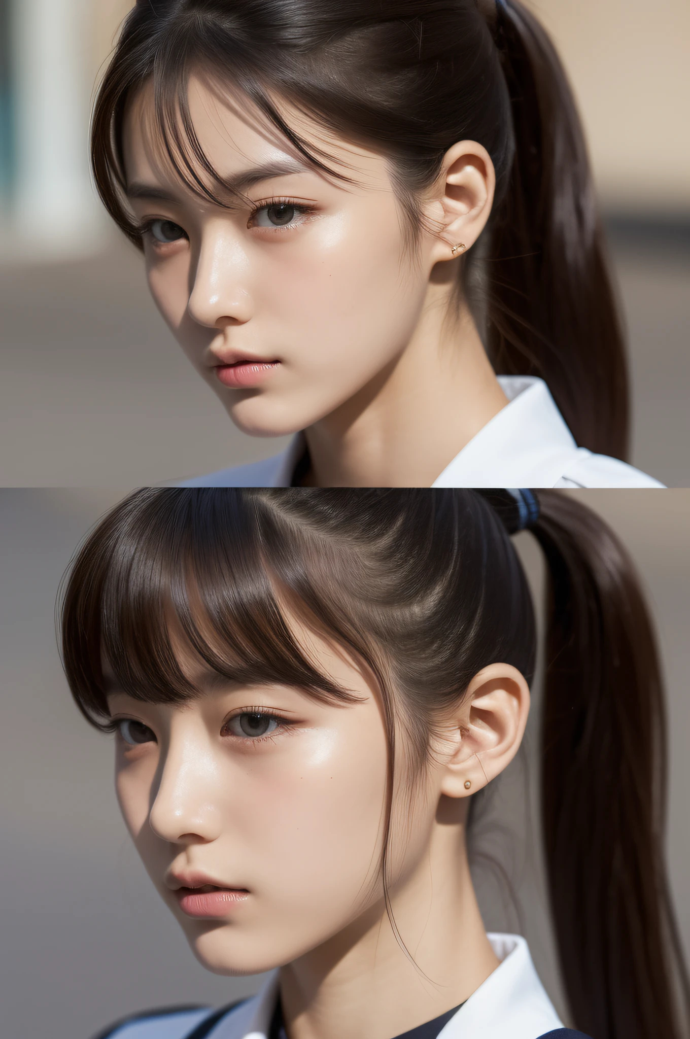 high-level image quality、In the street、Only 1 person、(Beautiful schoolgirl in bra and well-styled ponytail)、Dignified atmosphere、Frontal shot、close up of face