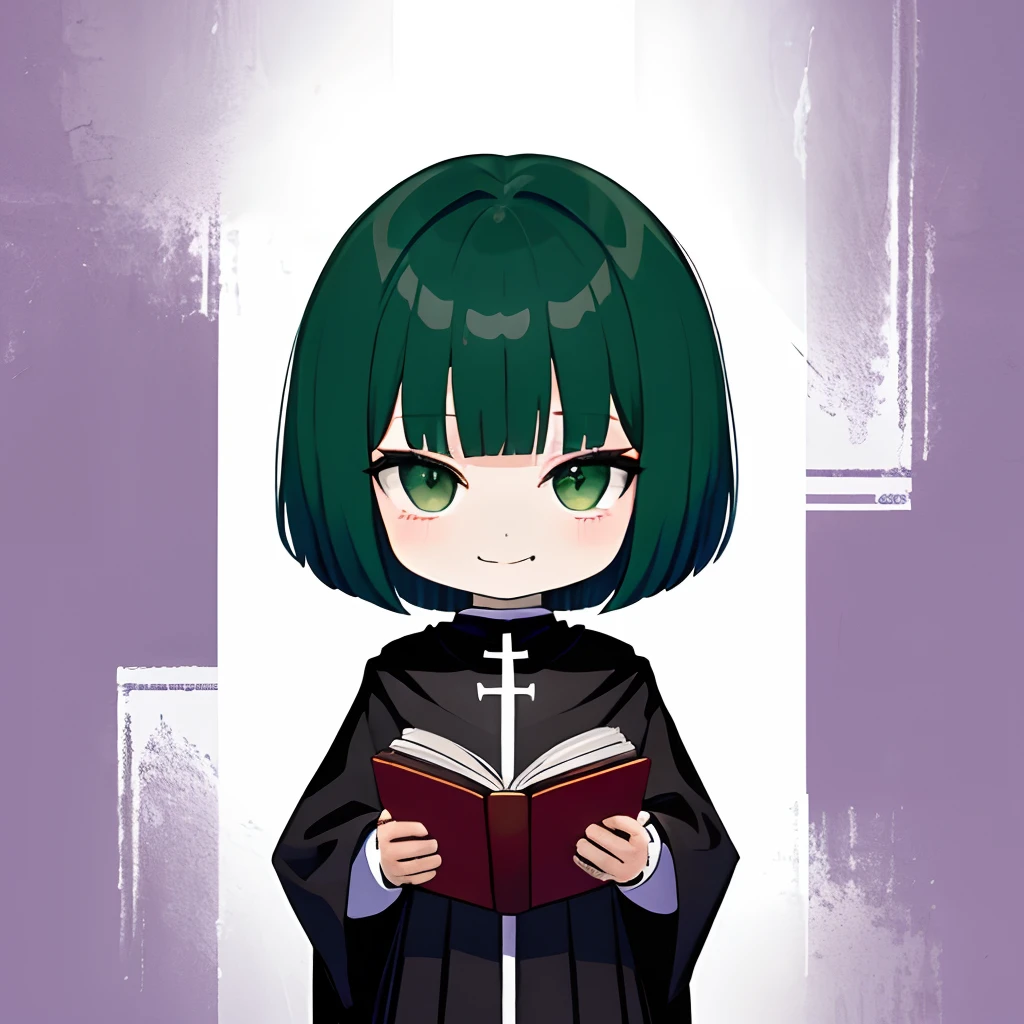 (masterpiece)++, (best quality)+, beautiful illustration, little boy, solo, darkgreen hair, bob cut, blunt bangs, green eyes, cleric, priest, high fantasy (black cassock) BREAK (purple stole), silver rosary, (chibi)++, (smug face), book, vivid colors, (Icons for SNS), close-up