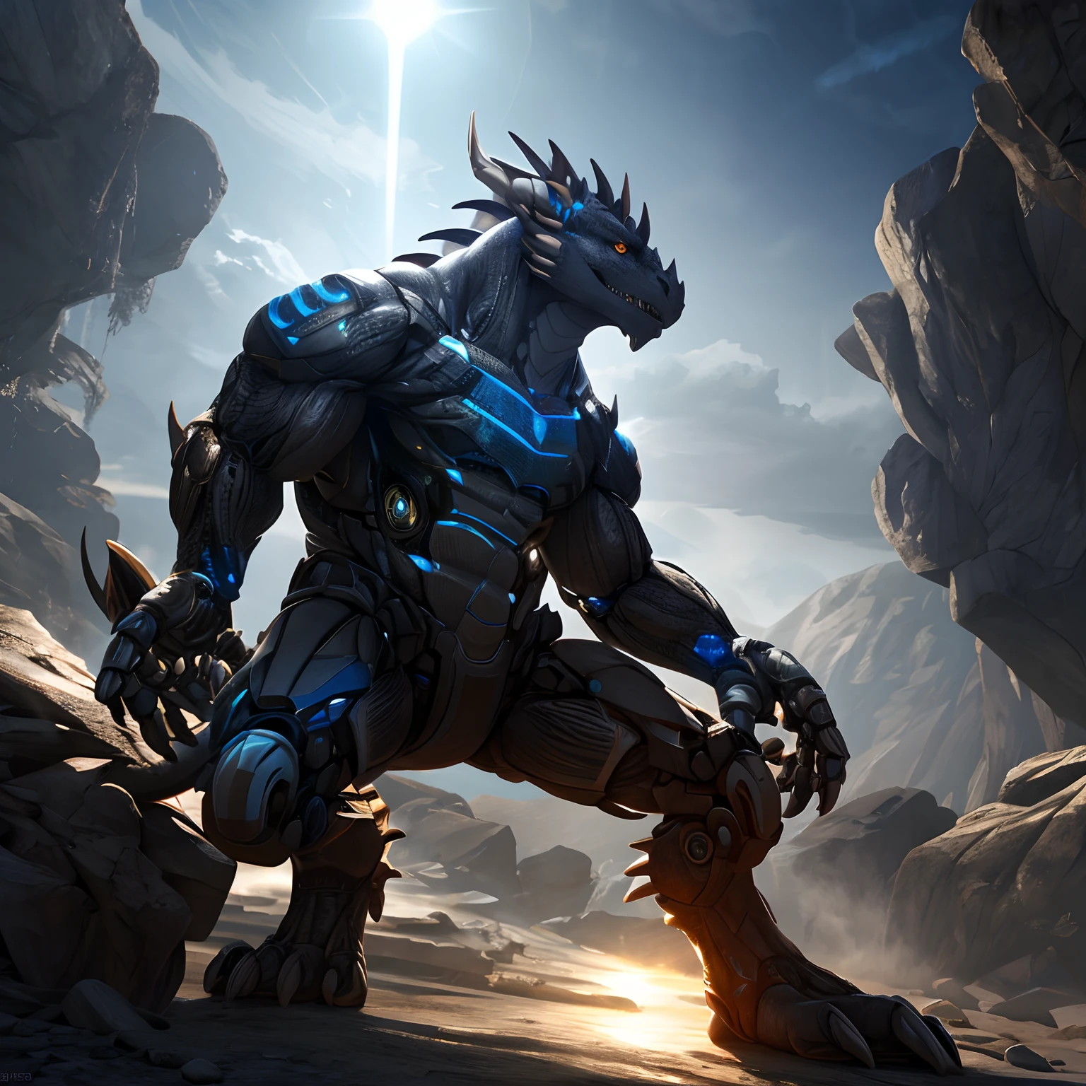 An advanced bionic mech, cybrog, anthro, dragon, male, full body, Muscle, Delicate face, Delicate eyes, 1 tail, (glowing LED), energy, digitigrade, outdoors, extremely detailed CG unity 8k wallpaper, realistic, masterpiece, highest quality, lens flare, unreal engine, trending on ArtStation, Intricate, High Detail, dramatic, realism, beautiful and detailed lighting, shadows
