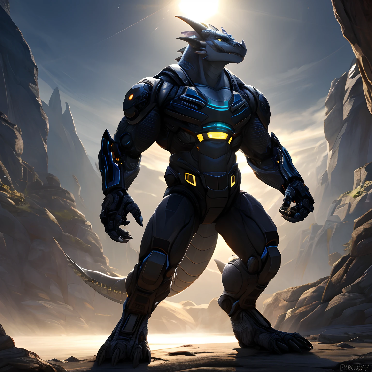 An advanced bionic mech, cybrog, anthro, dragon, male, full body, Muscle, Delicate face, Delicate eyes, 1 tail, (glowing LED), energy, digitigrade, outdoors, extremely detailed CG unity 8k wallpaper, realistic, masterpiece, highest quality, lens flare, unreal engine, trending on ArtStation, Intricate, High Detail, dramatic, realism, beautiful and detailed lighting, shadows