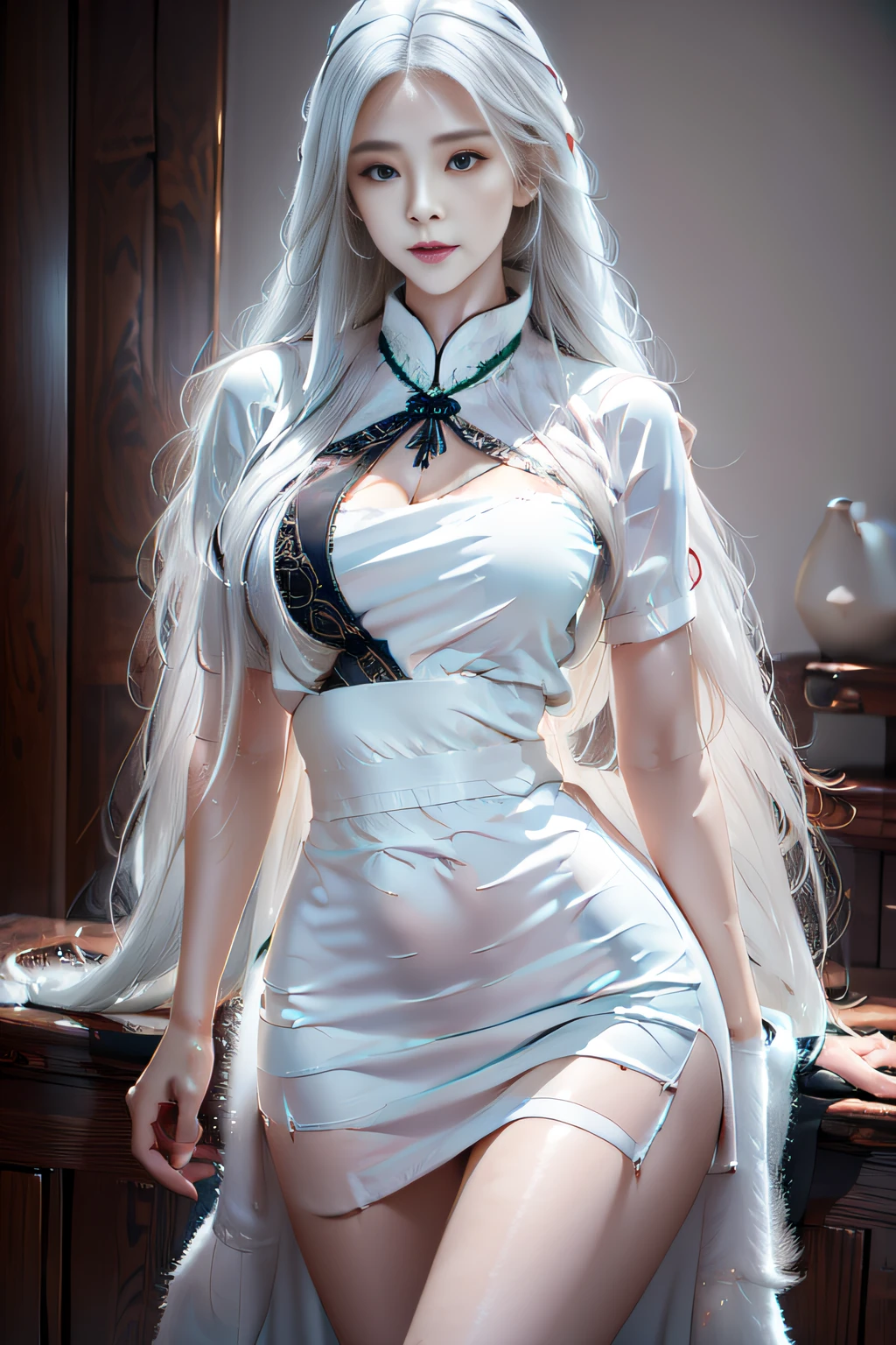 Dark fantasy, Full body shot, 1 Lady, White and light green_blue kimono, (Inverted triangle shaped face:1.1), (Messy and fluffy long white hair,Freeze motion:1.22), hair lighting, Dignified Expression, Smile, Blazing smoky snow-white eyes, Sky blue nails, sandals, (Blizzard snow mountain background with bioluminescence:1.2), crayon art, Oil painting coloring, catch light, Smooth and flawless skin, fine detail skin, Dynamic pose, Rich palette of dark tones, Intricate detail textures, intricately details, Tonal contrast, toon rendering, Super fine illustration, hyper qualit, Best quality, High quality, insanely details, 16k, Extremely detailed,