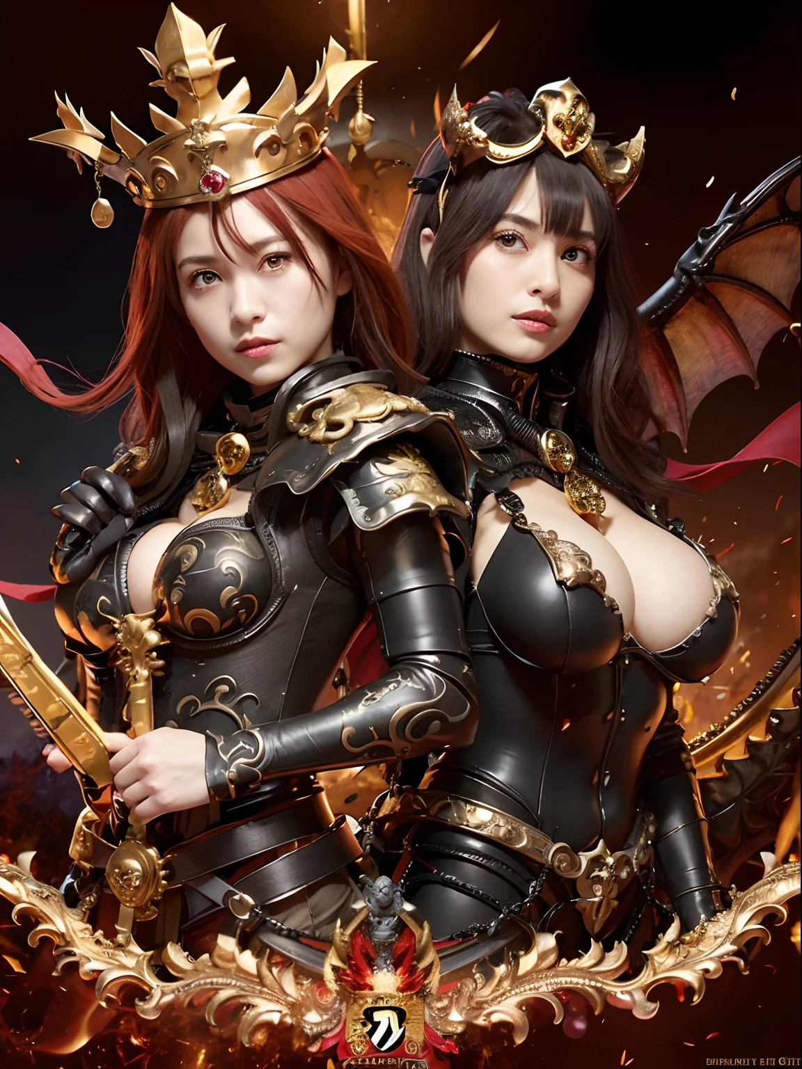 (masutepiece), Professional , masterpiece、top-quality、photos realistic , depth of fields (Gemstone Black Metal Body:1.9),(Matte Black、(cleavage of the breast)、Dragon Gold Weapon(Dragon Metal Body:1.4),Gorgeous Silver Weapons ,(( Dragon's dense and gorgeous sword)) , Beautiful knife ,warhammer 40k , adepta sororitas,Detail and gorgeous crown、((Red hair))、(Castle background)、、((Gangle's forest background))、Beautiful Caucasian beauty、1a person、dynamic ungle,(((Detailed and ornate Black Devil Crown)))、Smaller head、A smile、Castle background、Thin and beautiful female hands、cleavage of the breast、Soldier in iron armor on background、Mystical expression、Light Effects、intense fighting、Wind-effect、magic circles、With the legendary magic wand、(demonic wings)、