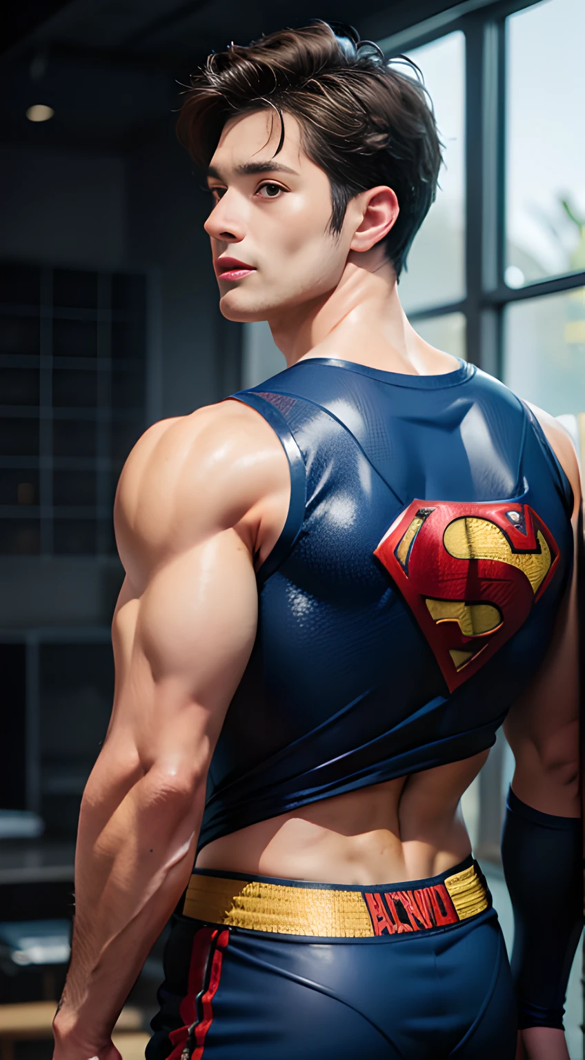 ((Men only)), (cowboy shot), (back view), (handsome muscular man in his 20s), (superman), (Superman, a fictional superhero, is characterized by his chiseled physique, blue eyes, dark hair, and iconic red and blue costume with a bold "S" emblem on his chest), (Chris Redfield), (Mischievous smile), (detaile: 1 in 1), Natural muscles, HIG quality, beautidful eyes, (Detailed face and eyes), (Face、: 1 / 2), Noise, Real Photographics、... .................................................................................................................PSD, Sharp Focus, High resolution 8K, realisitic & Professional Photography, 8K UHD, Soft lighting, High quality, Film grain, FujifilmXT3