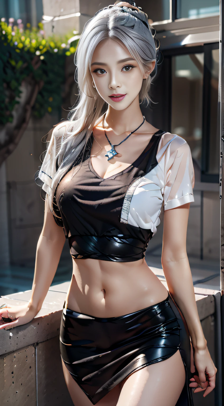 Garden covered with red roses in the background, Silver hair, front ponytail, eyes reflection, red contact lenses, Pink eyes, Fox earrings, Blue crystal pendant，Evil smile, High detail, romanticism lain, Depth of field, Sparkle, Ray tracing, viewfinder, zoom layer, Close-up, Bokeh, Anatomically correct, High details, 1080p, hyper HD