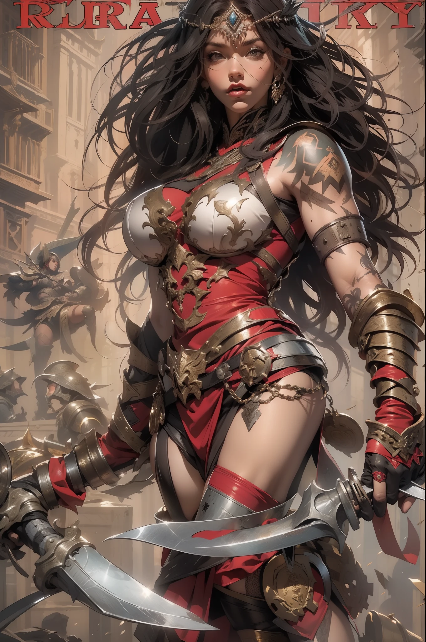 (((mulher))), (((melhor qualidade))), (((obra prima))), (((adulta))), Uma guerreira mulher de 35 anos com corpo perfeito, Brooklyn Gladiators, hand with steel gloves and metal tips, (( under boobs )), quase nua no estilo selvagem urbano de Simon Bisley para a capa da revista 2000 A.D., cabelo loiro, Minimum clothing, armadura (roupa feita com a bandeira do Reino Unido 🇬🇧 ), cheio de pontas e rebites manchadas de tinta, tatuagem de estrelas de 5 pontas, (((corpo inteiro))), cabelo preto curto com franja branca cobrindo a testa