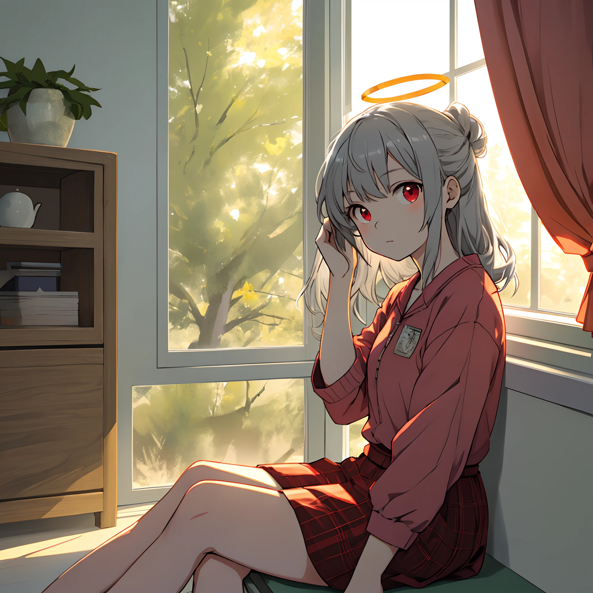Two-dimensional ,Gray hair and red eyes,sitting on a window sill,The sun is setting outside the window,Fill the house with a halo,