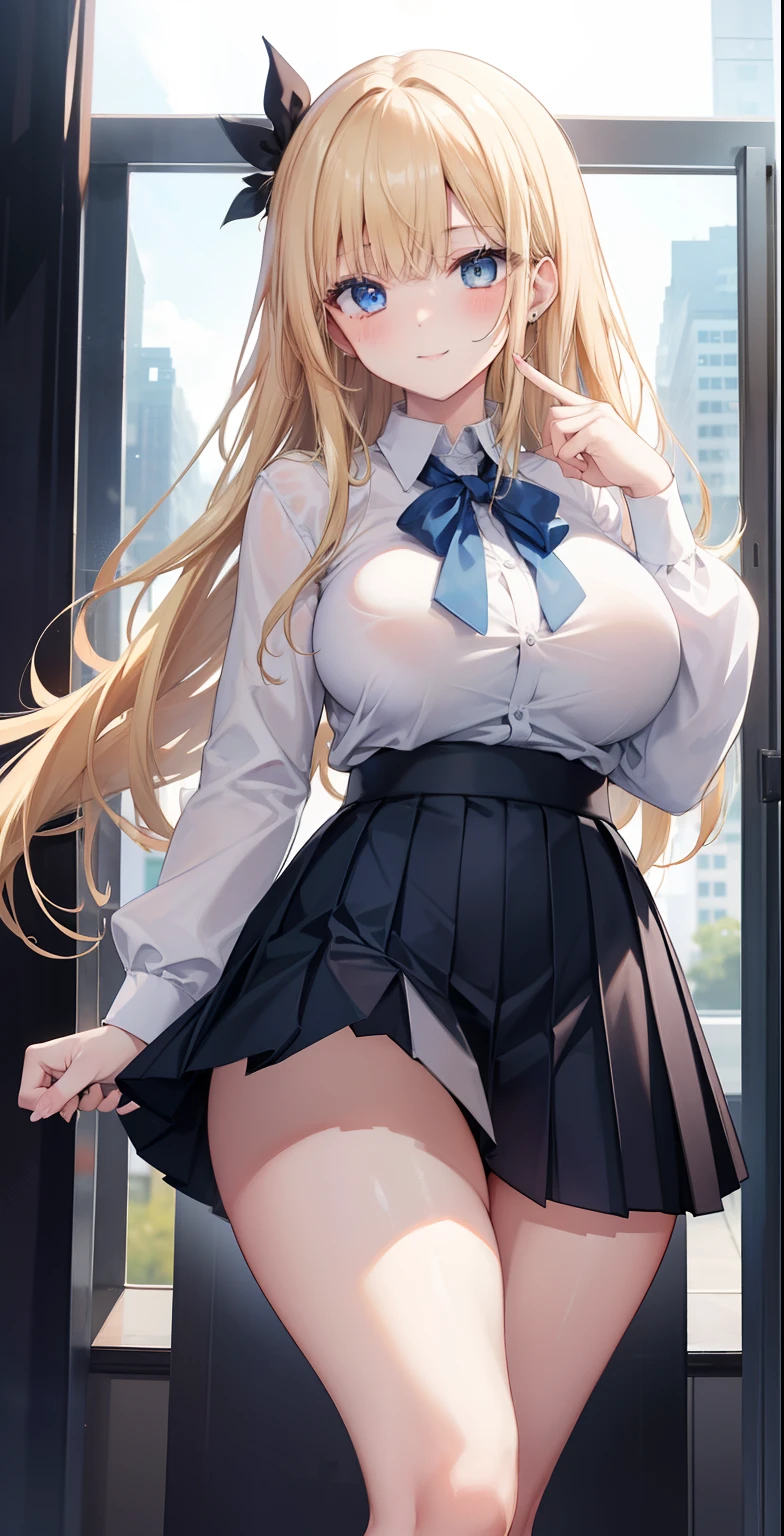 master piece, best quality, high definition, KR1, blue eyes, smile, fringe, white shirt, black skirt, finger prick standing, pleated skirt, stockings, big breasts, blond, cowboy shot, thick legs, thigh thick