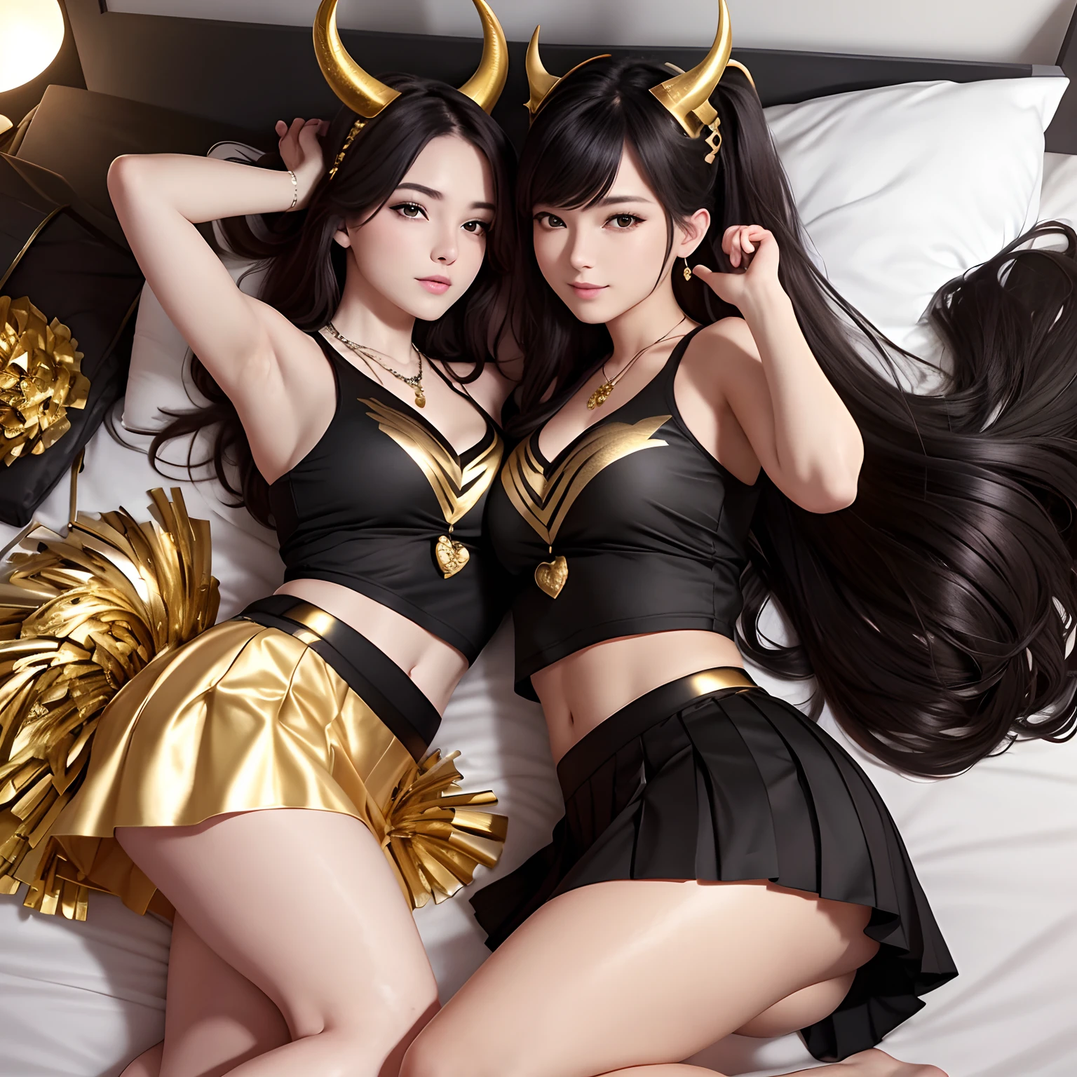 best quality, masterpiece, highres, 2 women, hair ornament, necklace, jewelry, Beautiful face, tyndall effect, photorealistic, dark studio, rim lighting, two tone lighting, (high detailed skin:1.2), 8k uhd, dslr, soft lighting, high quality, volumetric lighting, smile, Photograph, high resolution, 4k, 8k, Bokeh, full body, horns, (shiny black and gold cheerleader outfit), bed, legs spread, lying down, pleated skirt, Bosque