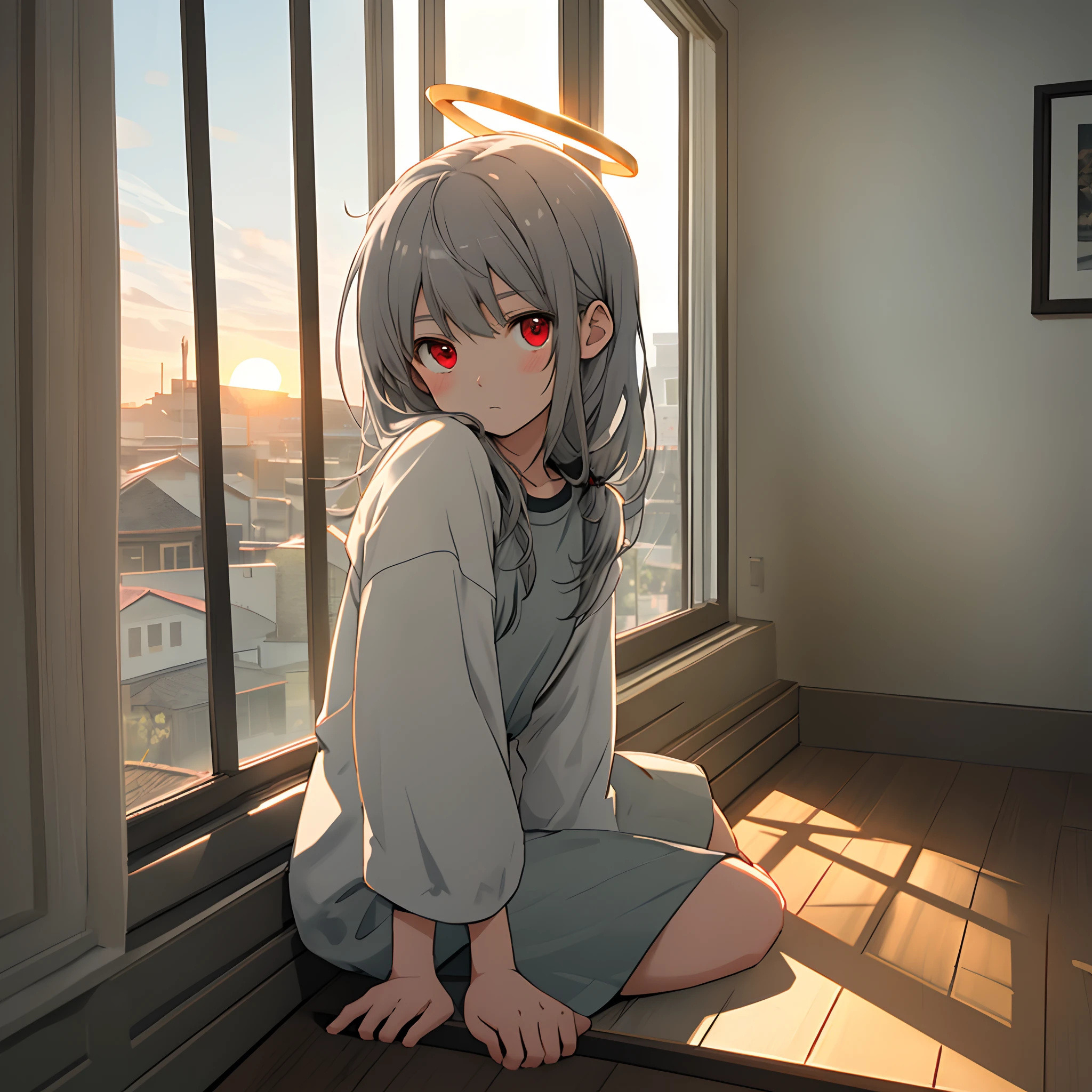 Two-dimensional loli,Gray hair and red eyes,sitting on a window sill,The sun is setting outside the window,Fill the house with a halo,