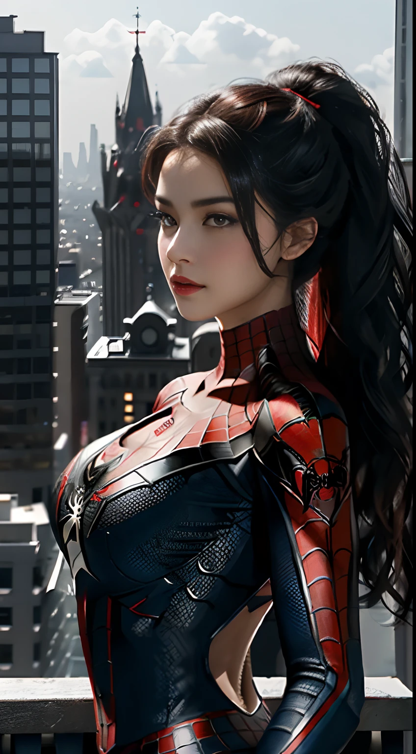 A sexy and beautiful girl,She wears a Spider-Man costume,Red and black color scheme,There is a beautiful spider pattern on the chest,full bodyesbian,huge tit,Detailed facial details,Visible pores,Elaborate Eyes,Roof,looking over city,detailed back ground,8K clarity,Movie lighting