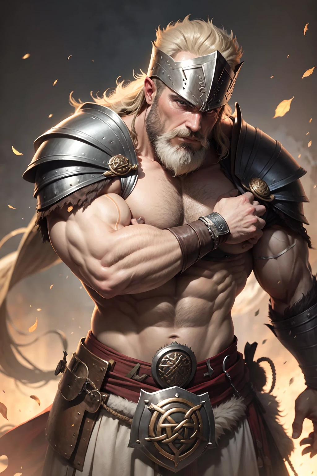 A pagan Celtic warrior, com barba e bigode, em uma pose imponente, estilo far shot, armadura detalhada, highlight in the muscles of the chest and arms.