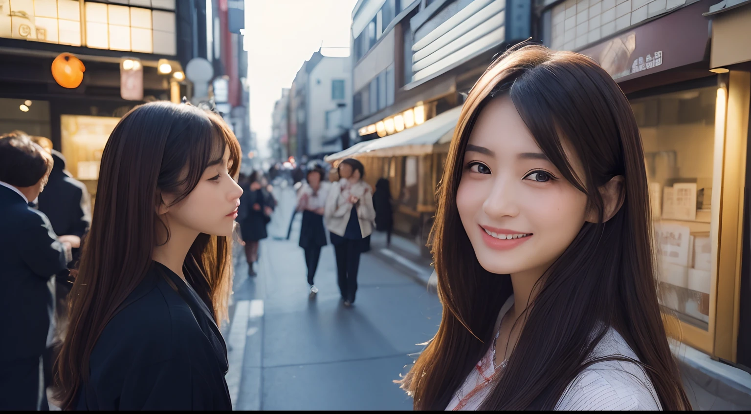 ((top-quality、8K、masterpiece:1.3))、(1girl in)、A smile、full body Esbian,Slim Faces、Pretty women、(dark brown hair)、Full-length dresses:1.1、hyperdetailed face、A detailed eye、二重まぶた、blured background、Slim Faces、城市、takeout、a street、japanes