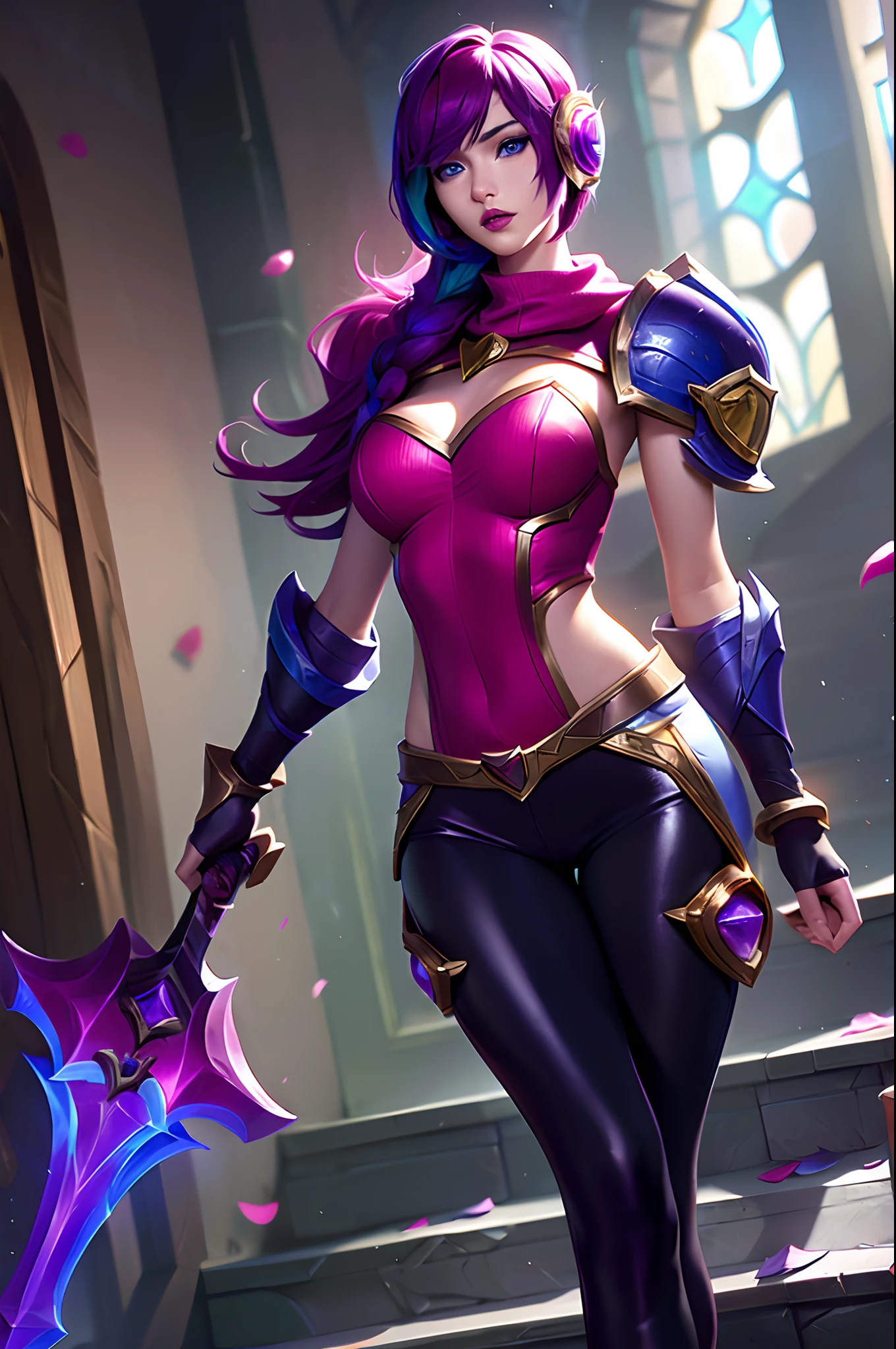 (League of Legends:1.5),  fiora, 1girl, solo, breasts, looking at viewer, short hair, bangs, blue eyes, gloves, holding, medium breasts, weapon, pink hair, red hair, multicolored hair, parted lips, pants, sword, indoors, cape, holding weapon, armor, hair over one eye, lips, petals, black pants, shoulder armor, gauntlets, pauldrons, stairs, rose petals