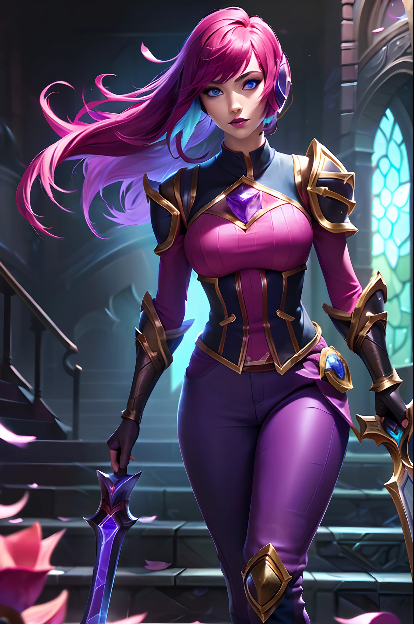 (League of Legends:1.5),  fiora, 1girl, solo, breasts, looking at viewer, short hair, bangs, blue eyes, gloves, holding, medium breasts, weapon, pink hair, red hair, multicolored hair, parted lips, pants, sword, indoors, cape, holding weapon, armor, hair over one eye, lips, petals, black pants, shoulder armor, gauntlets, pauldrons, stairs, rose petals