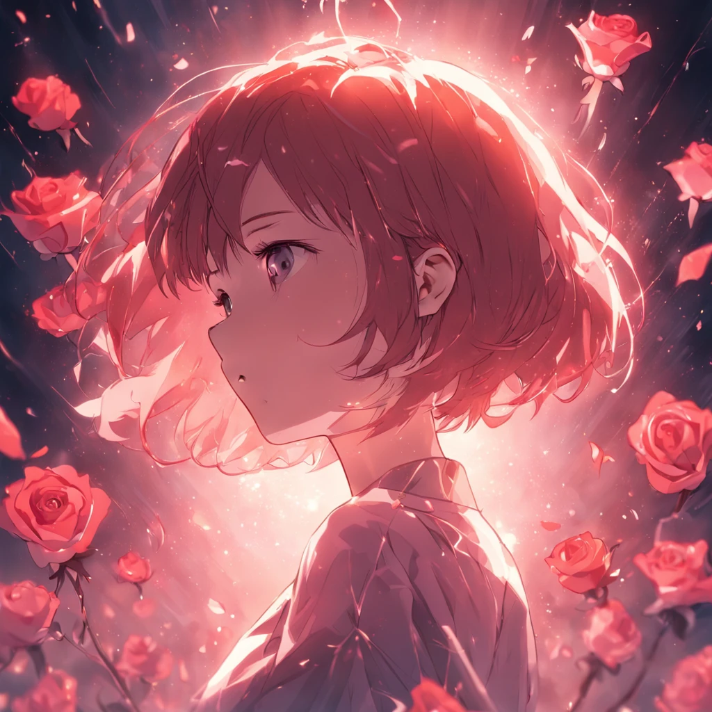 (Rose short hair girl)High-quality images depicted in detail，Face the lens，Focus on facial features，Floating rose petals，rays of sunshine，beam of light，（Black color hair）