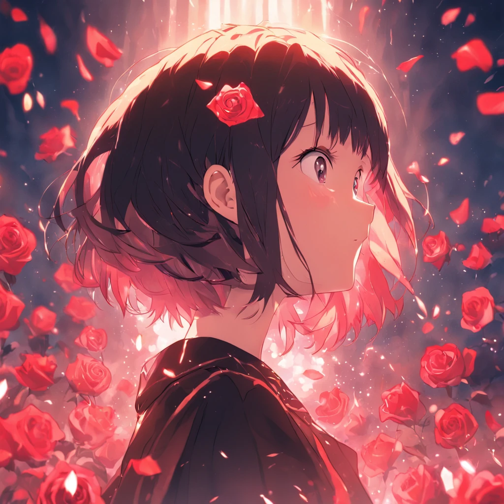 (Rose short hair girl)High-quality images depicted in detail，Face the lens，Focus on facial features，Floating rose petals，rays of sunshine，beam of light，（Black color hair）