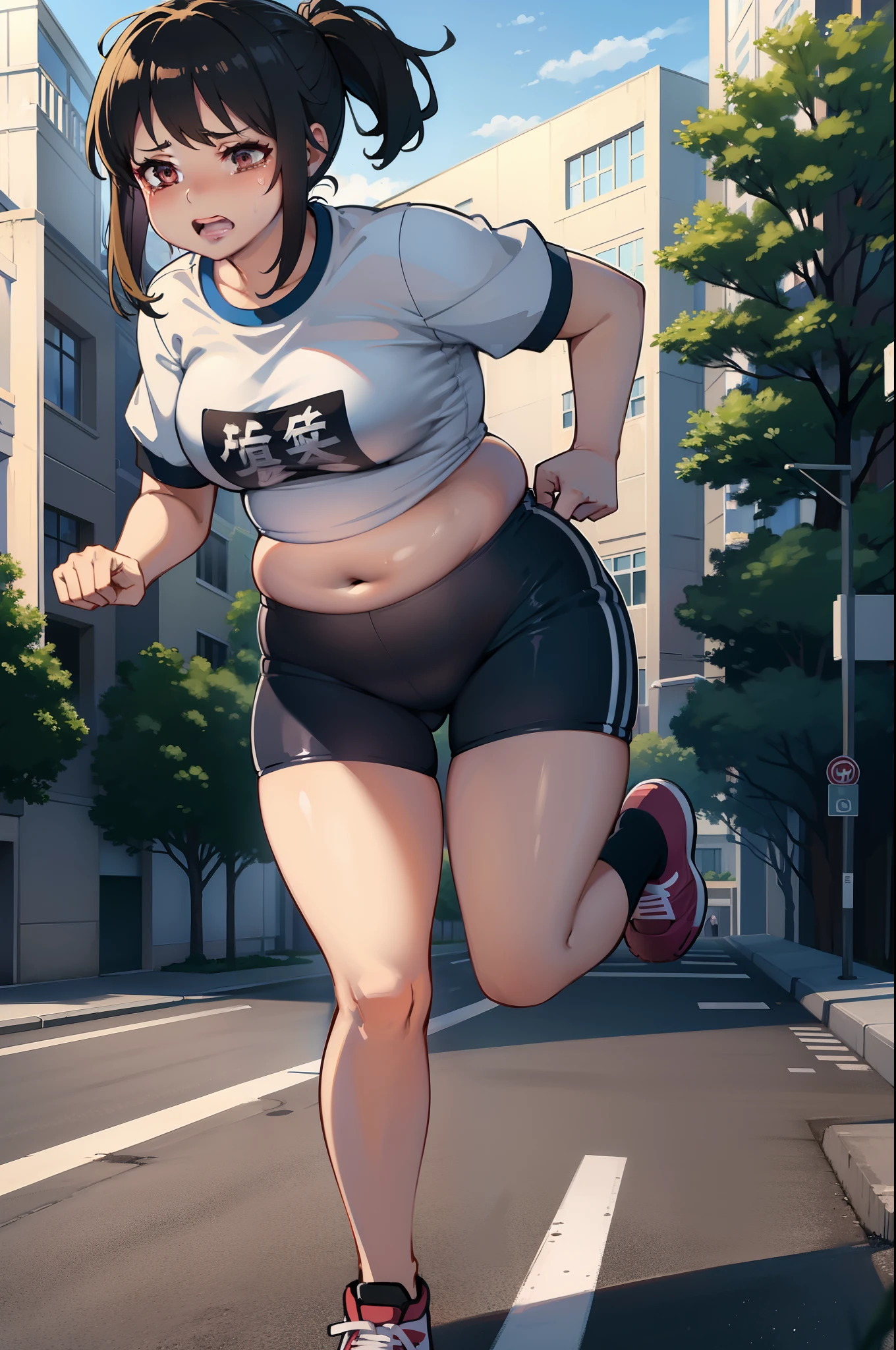 (masterpiece, best quality), art by kipteitei, 1girl, crying, running down hill, dress, chubby, gym clothes,