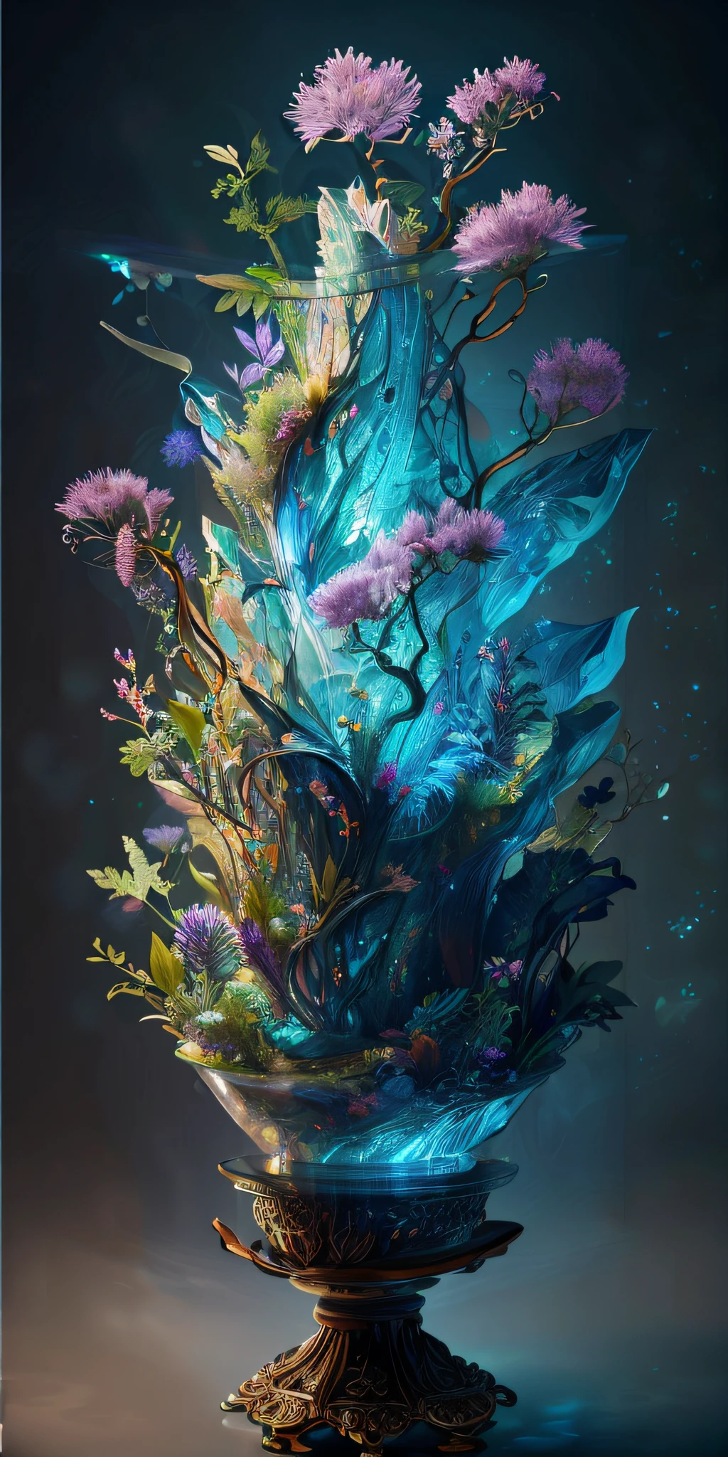 masterpiece of glass sculpture with plants inside, water, glowing, fantasy, high quality, high detail, best quality, rtx, 4k, 8k,