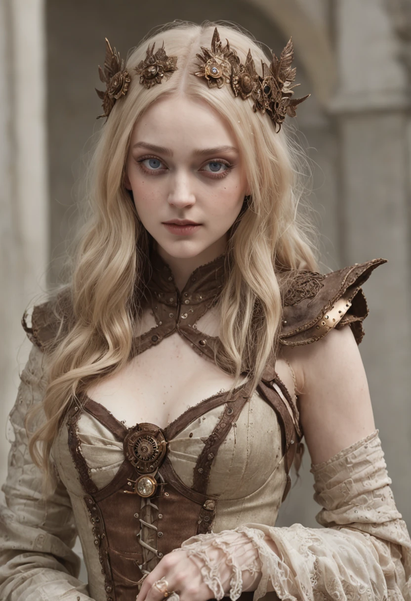 Dakota Fanning como bela mulher steampunk deslumbrante, (corpo inteiro), olhos ultra-detalhados, corpo ultra-detalhado, nice perfect guy with soft skinice, corpo feminino deslumbrante, ((ultra-detailed hands)), obra-prima conceito fantasia arte, trending on ArtStation, hiper-detalhado, Arte Digital, Motor irreal, 32k, Ultra HD | | |, imagem centrada, arte de Luis Royo e artgerm e greg rutkowski e Alphonse Much